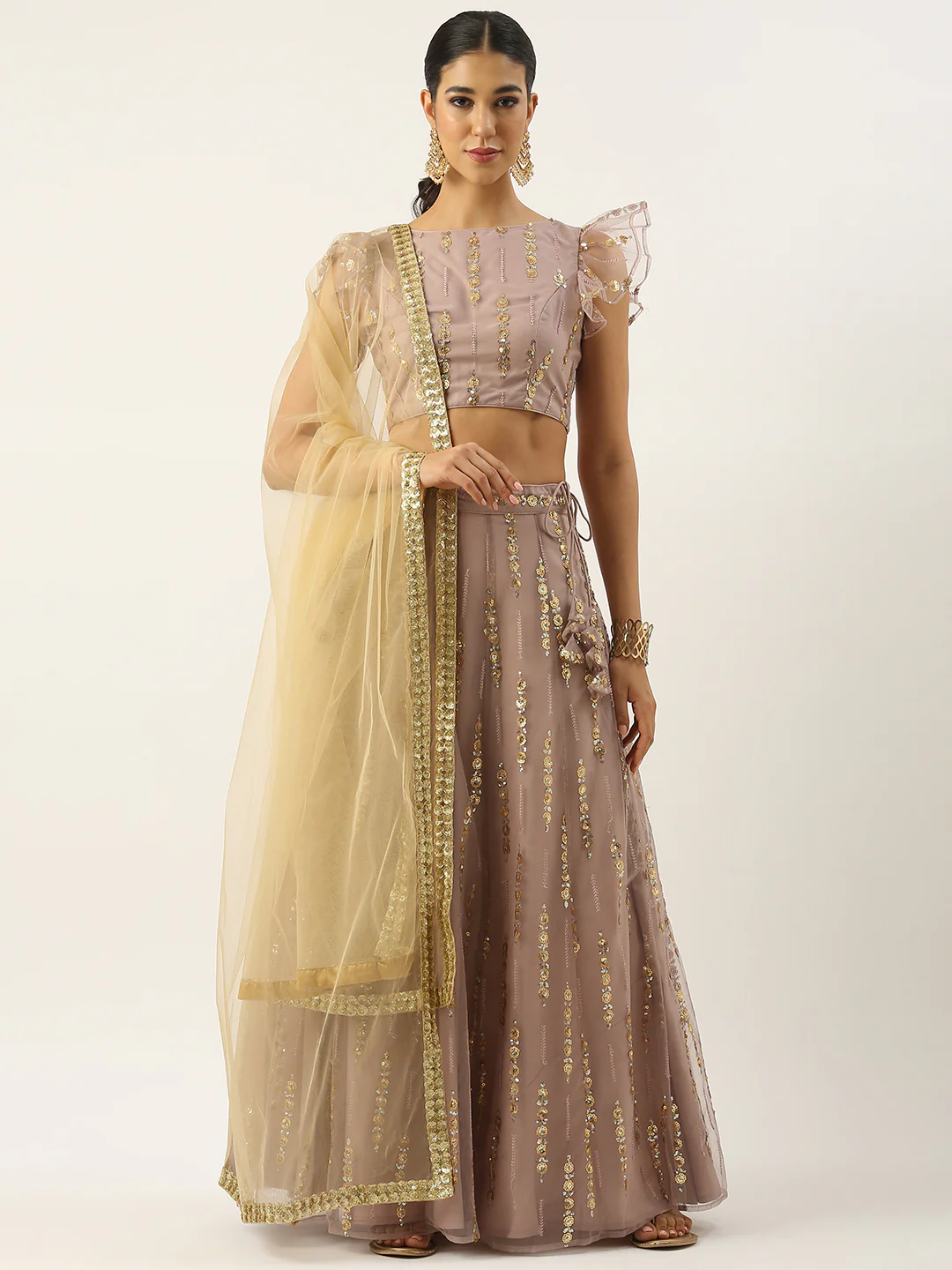 Bollywood Vogue Ready To Wear Mauve Net Sequins Embroidered Lehenga Set