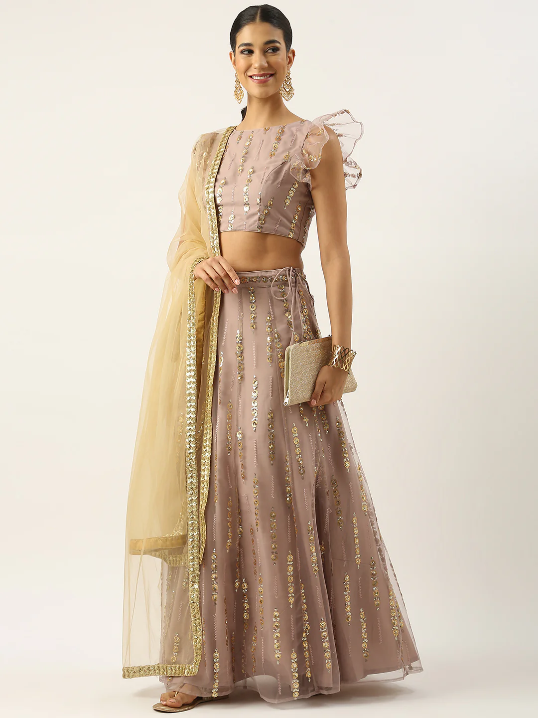 Bollywood Vogue Ready To Wear Mauve Net Sequins Embroidered Lehenga Set - Image 2