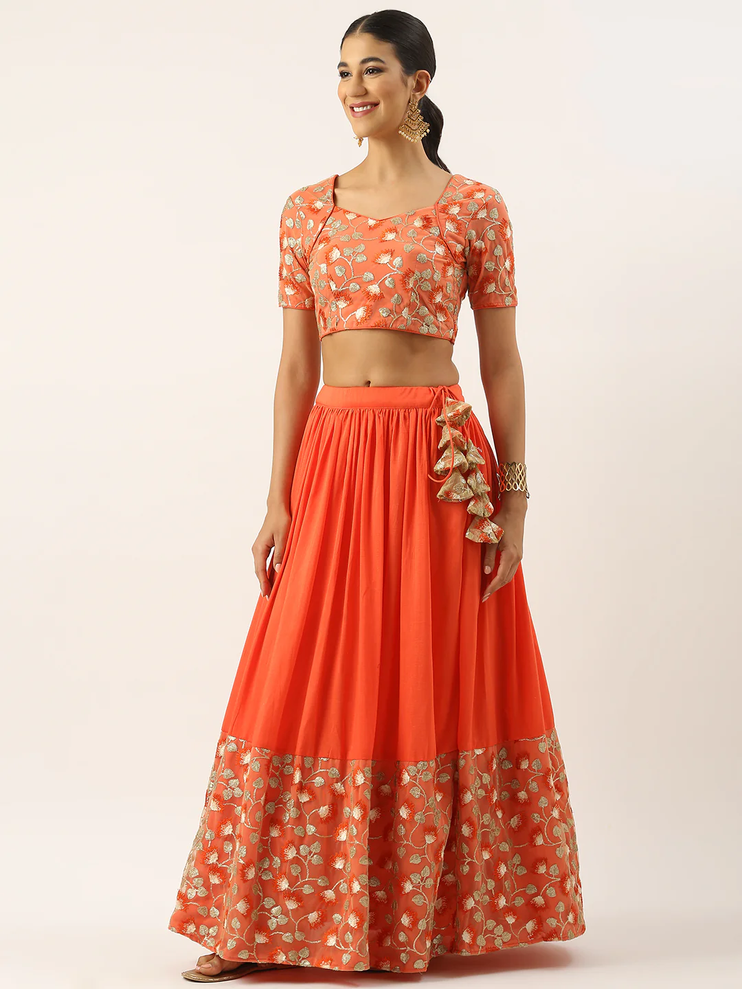 Bollywood Vogue Ready To Wear Beige N Orange Embroidered Net Lehenga Set - Image 2