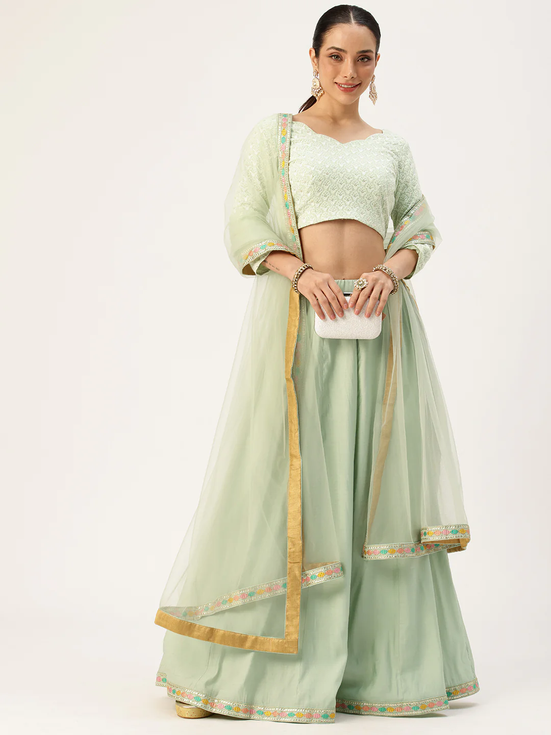 Bollywood Vogue Ready To Wear Mint Green Embroidered Kali Style Lehenga Set - Image 3