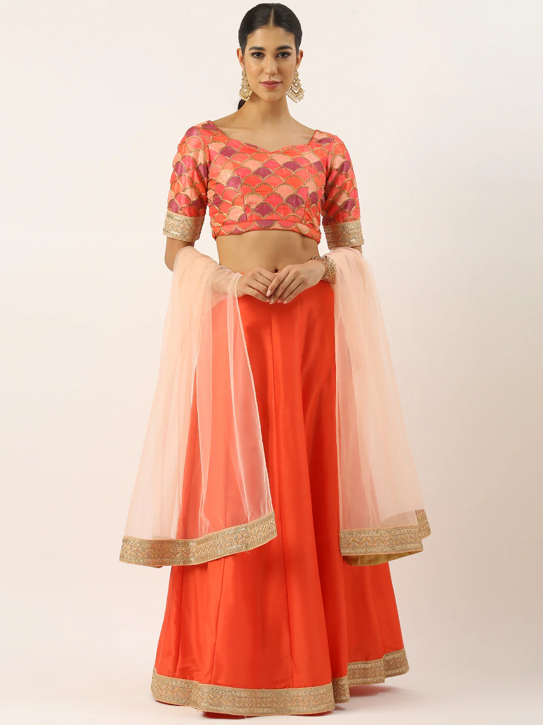 Bollywood Vogue Ready To Wear Multicolor Embroidered Silk N Orange Lehenga Set