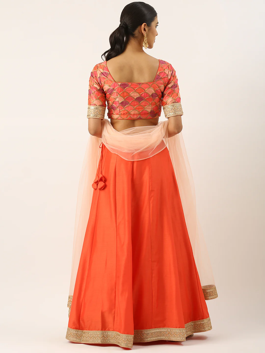 Bollywood Vogue Ready To Wear Multicolor Embroidered Silk N Orange Lehenga Set - Image 6