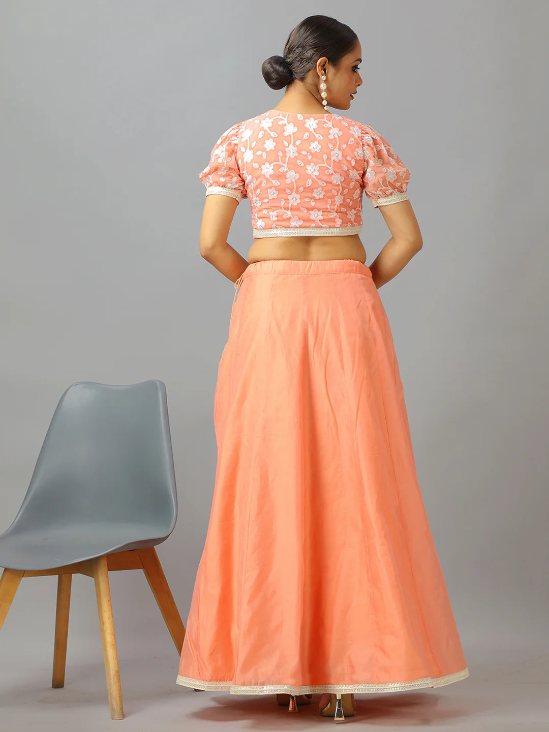 Bollywood Vogue Ready To Wear Peach Embroidered Georgette N Art Silk Lehenga Set - Image 6