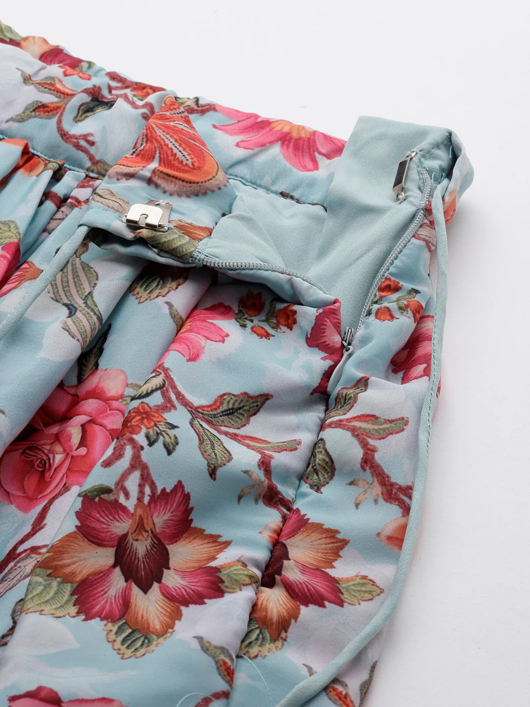Bollywood Vogue Ready To Wear Sky Blue Art Silk Digital Print Lehenga Set - Image 4