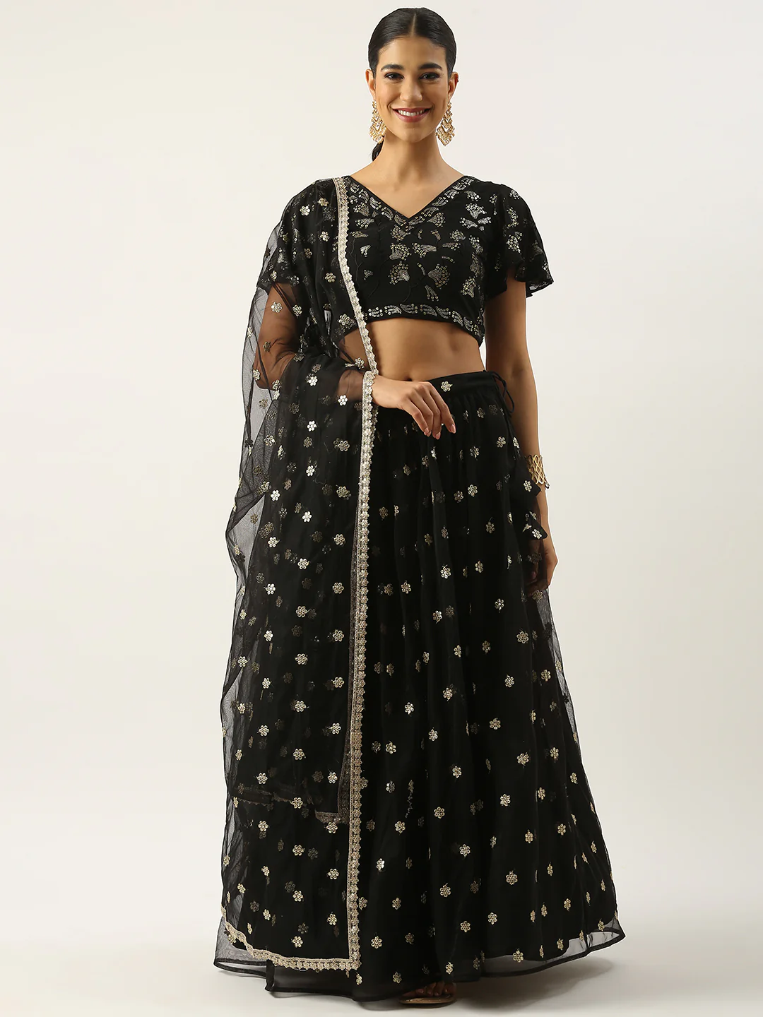 Bollywood Vogue Ready To Wear Black Georgette Embroidered Sequins Lehenga Set