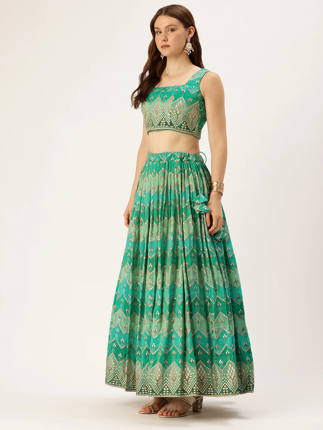 Bollywood Vogue Ready To Wear Green Art Silk Print Zari Pleated Lehenga Set - Image 3