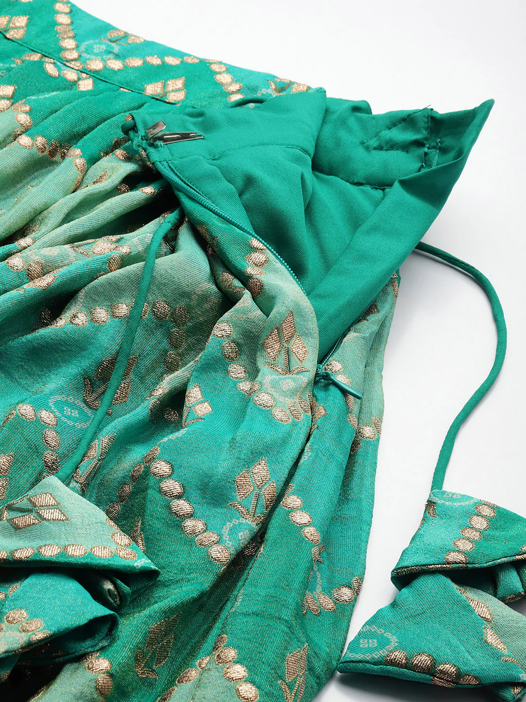 Bollywood Vogue Ready To Wear Green Art Silk Print Zari Pleated Lehenga Set - Image 4
