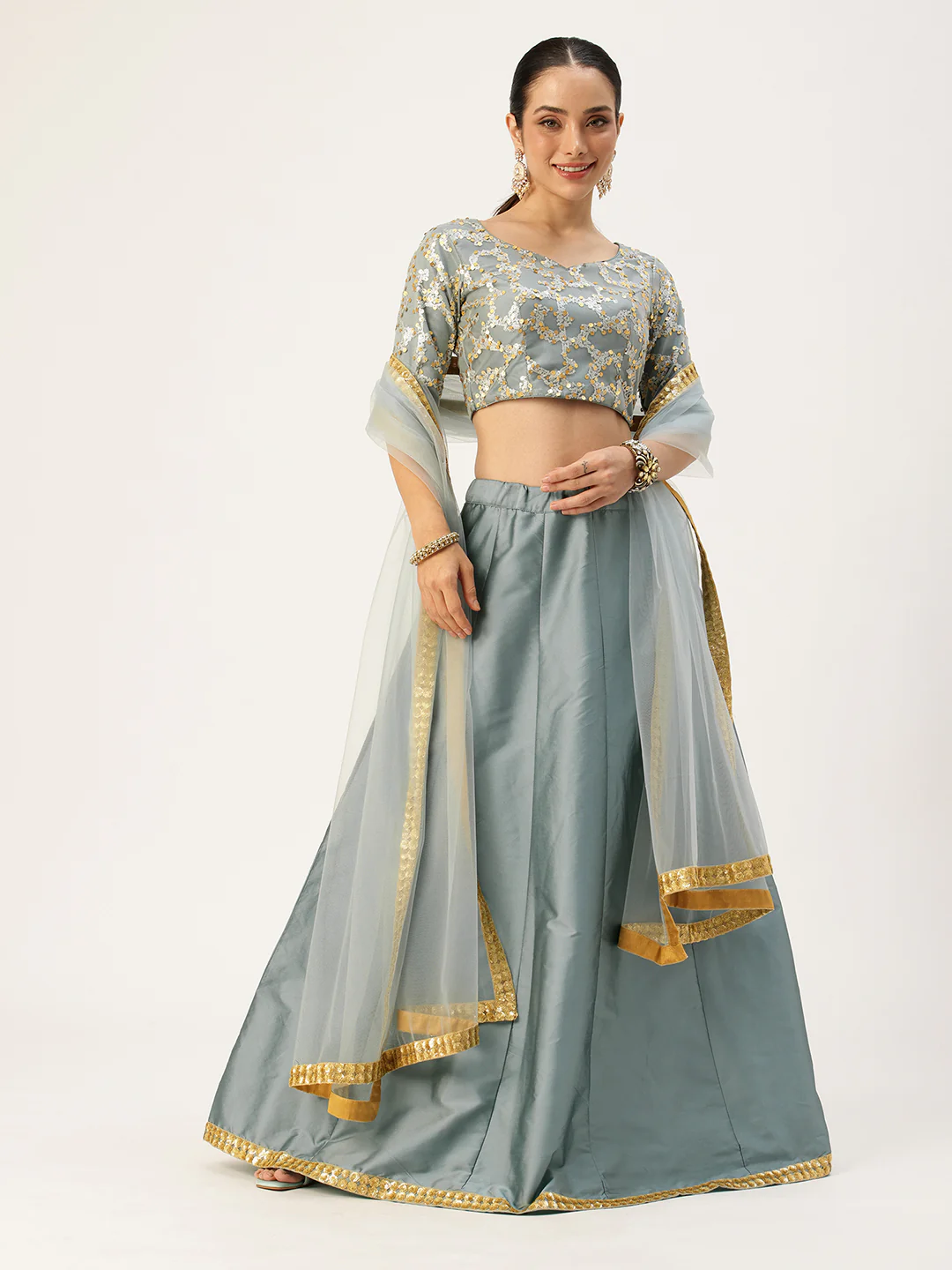 Bollywood Vogue Ready To Wear Blue Embroidered Net And Taffeta Kali Lehenga Set