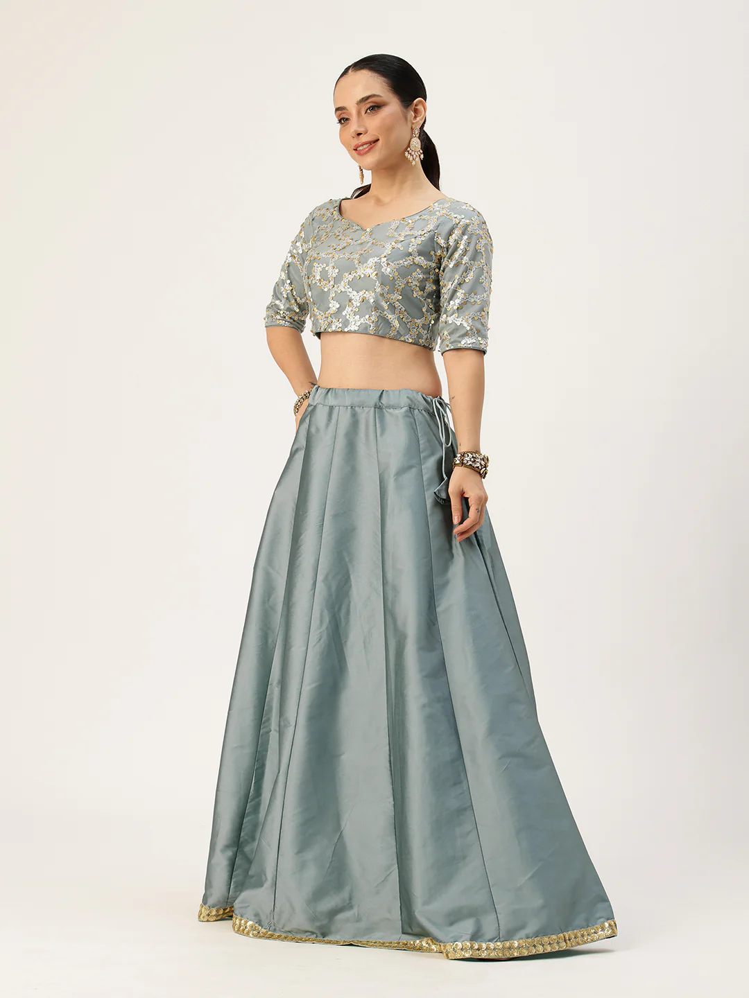 Bollywood Vogue Ready To Wear Blue Embroidered Net And Taffeta Kali Lehenga Set - Image 3