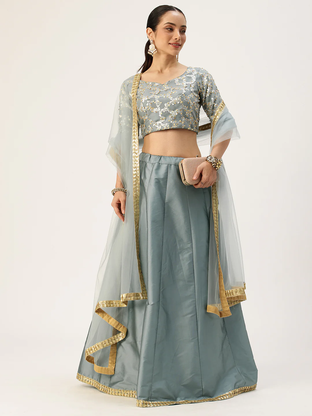 Bollywood Vogue Ready To Wear Blue Embroidered Net And Taffeta Kali Lehenga Set - Image 5