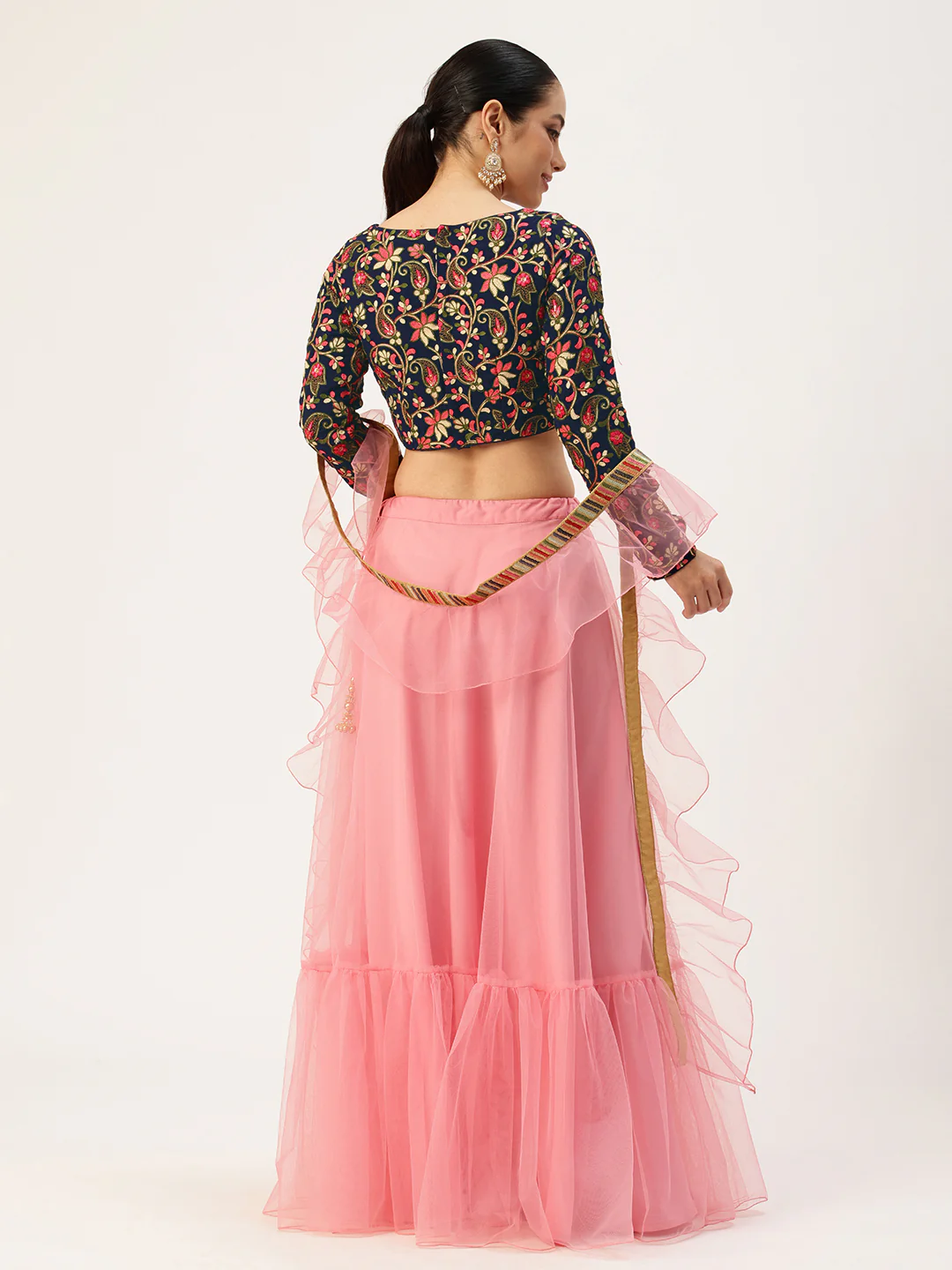 Bollywood Vogue Ready To Wear Blue Embroidered Georgette N Pink Net Lehenga - Image 2