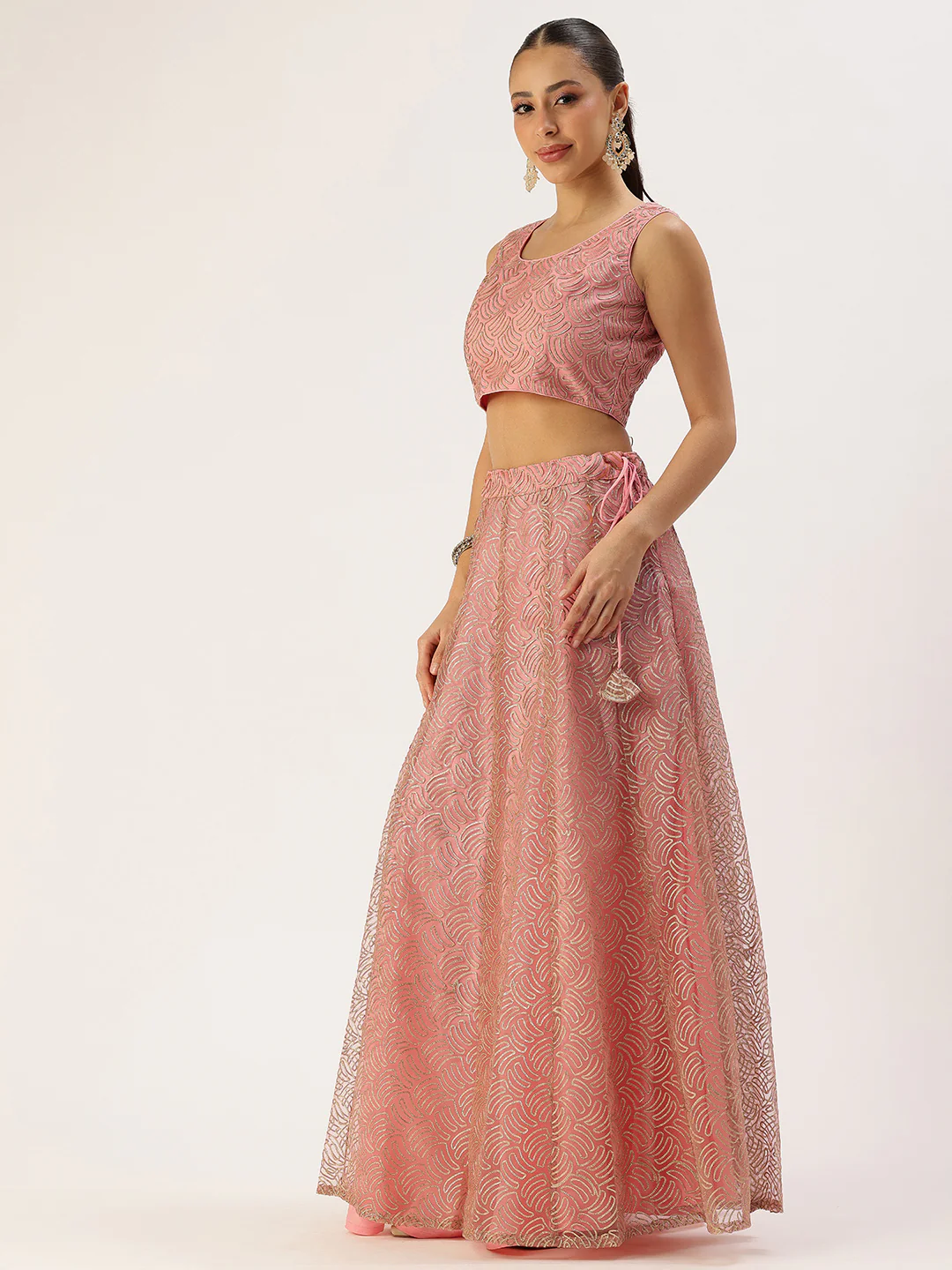 Bollywood Vogue Ready To Wear Pink Net Embroidered Kali Lehenga - Image 3