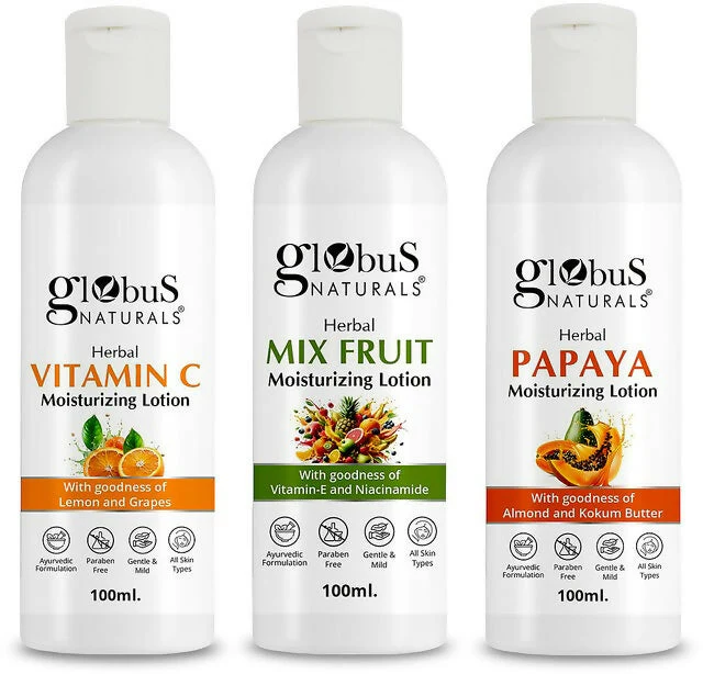 Globus Naturals Set of 3 Body Lotion Vitamin C Mix Fruit Papaya Lightweight Moisturizer Combo