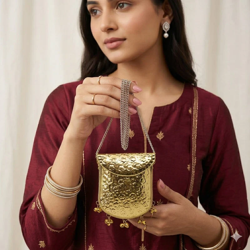 Buddy Cares Metal Gold Crossbody Bag with Chain Strap and Bell Charms, Woven Texture Sling Purse - Image 22