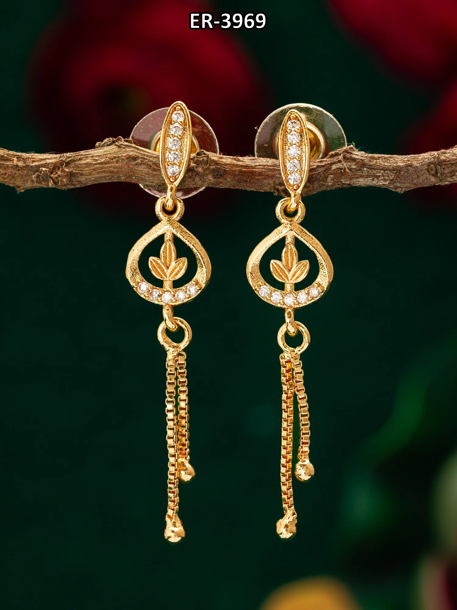 Gold-Plated AD Stone Drop Earrings with Chain - Image 5