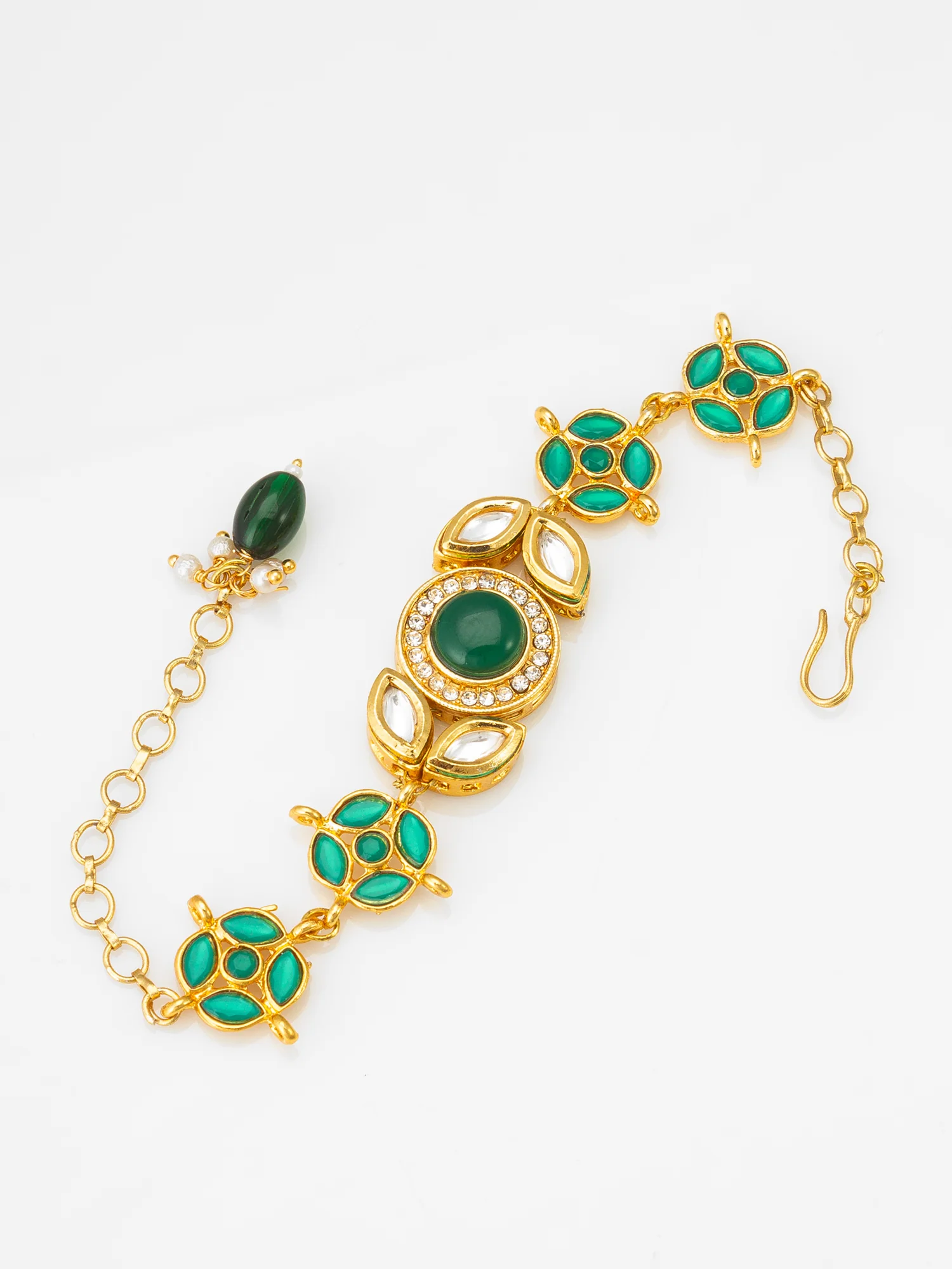 Gold-Plated Emerald Green Kundan Bracelet with Pearl Drop - Image 3