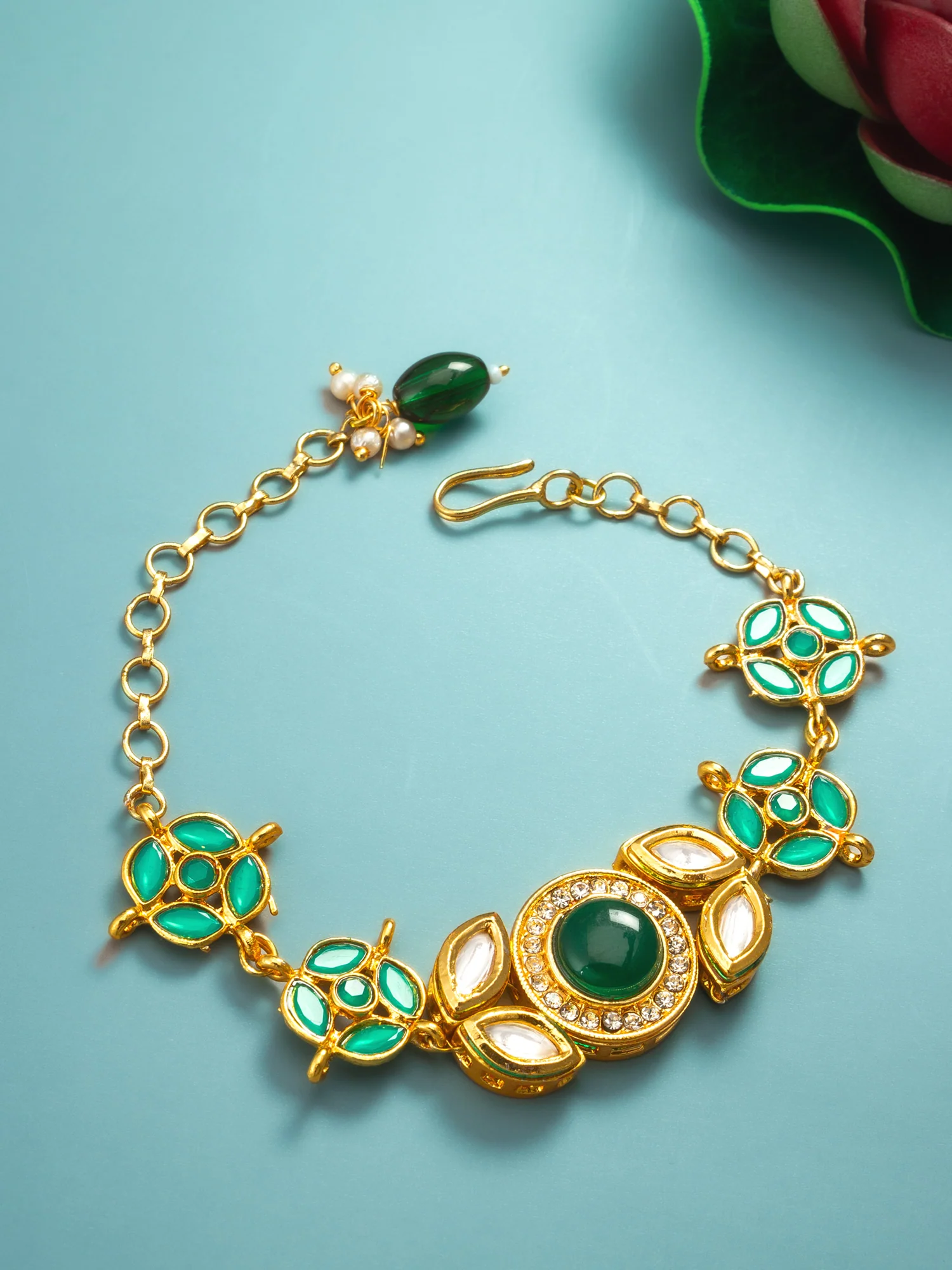 Gold-Plated Emerald Green Kundan Bracelet with Pearl Drop - Image 5
