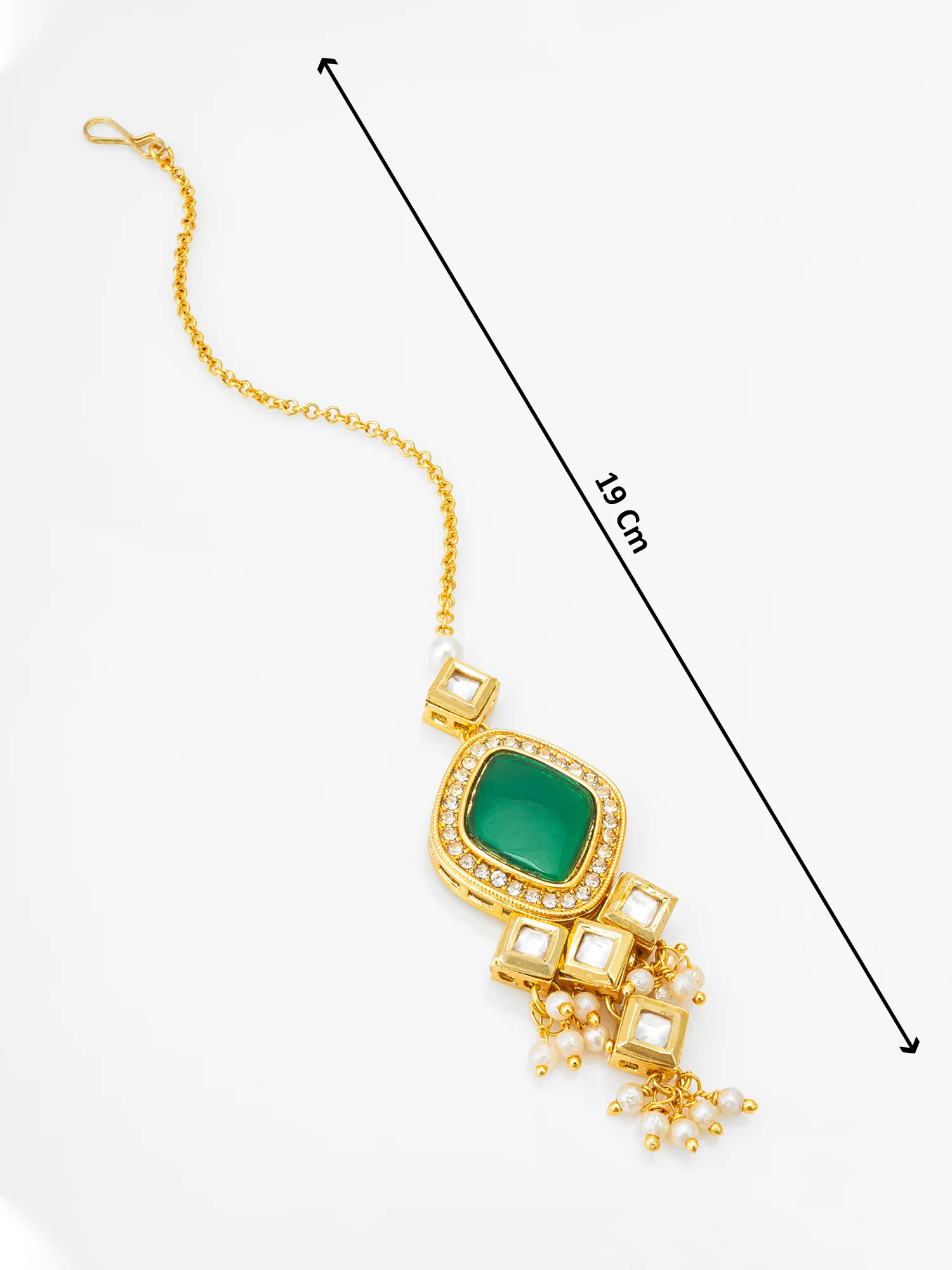 Gold-Plated Emerald Green Kundan Maang Tikka with Crystal and Pearl Drops - Image 4