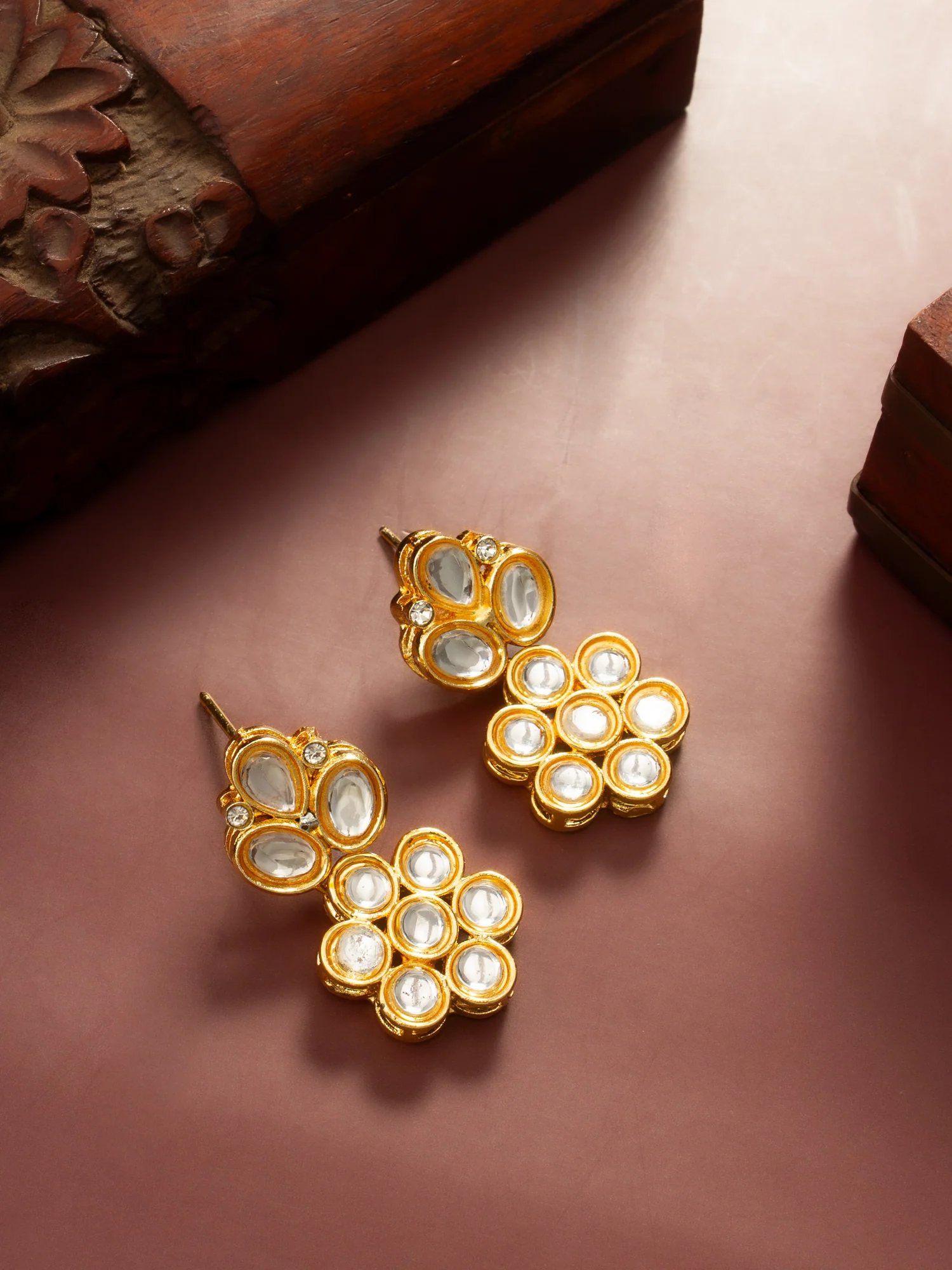 Gold Plated Floral Kundan Stud Earrings - Image 5