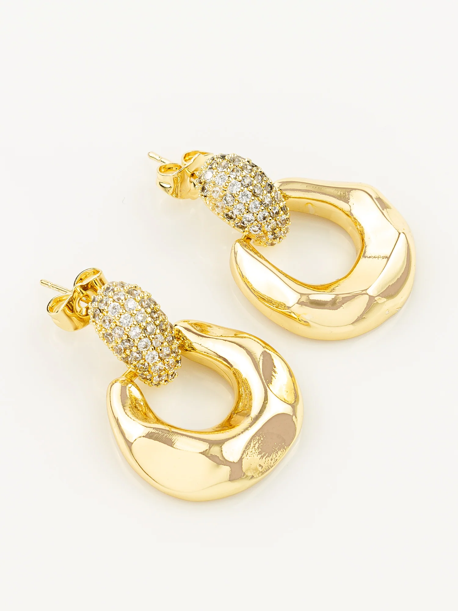 Gold Plated Glossy Dome Hoop Earrings with American Diamond Studded Top - Image 2