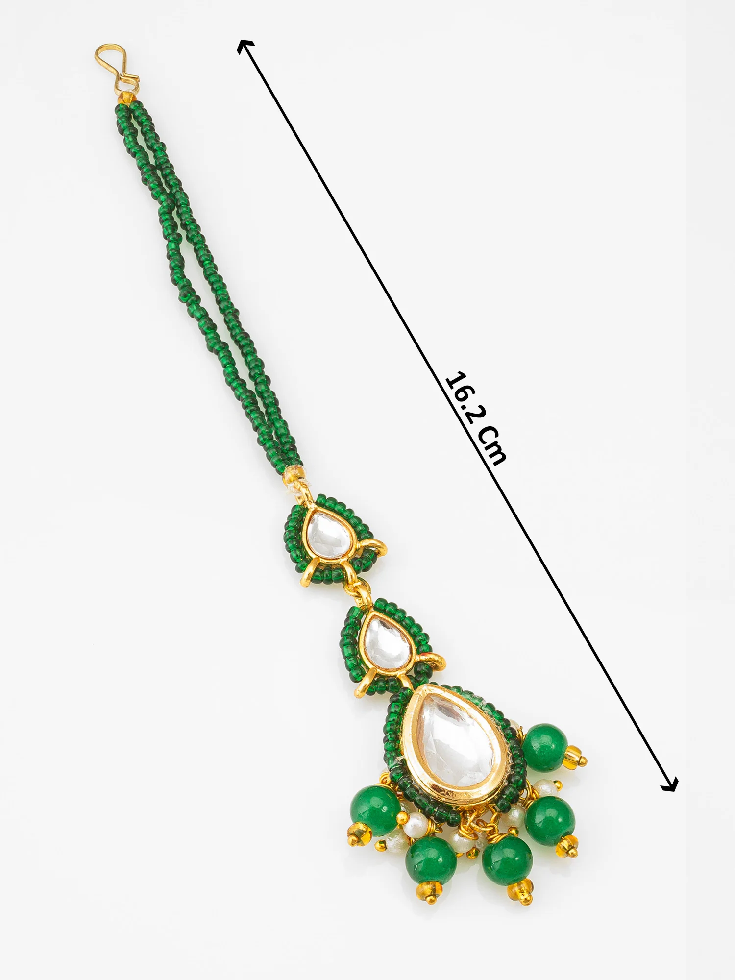 Gold Plated Green Beaded Kundan Maang Tikka - Image 4