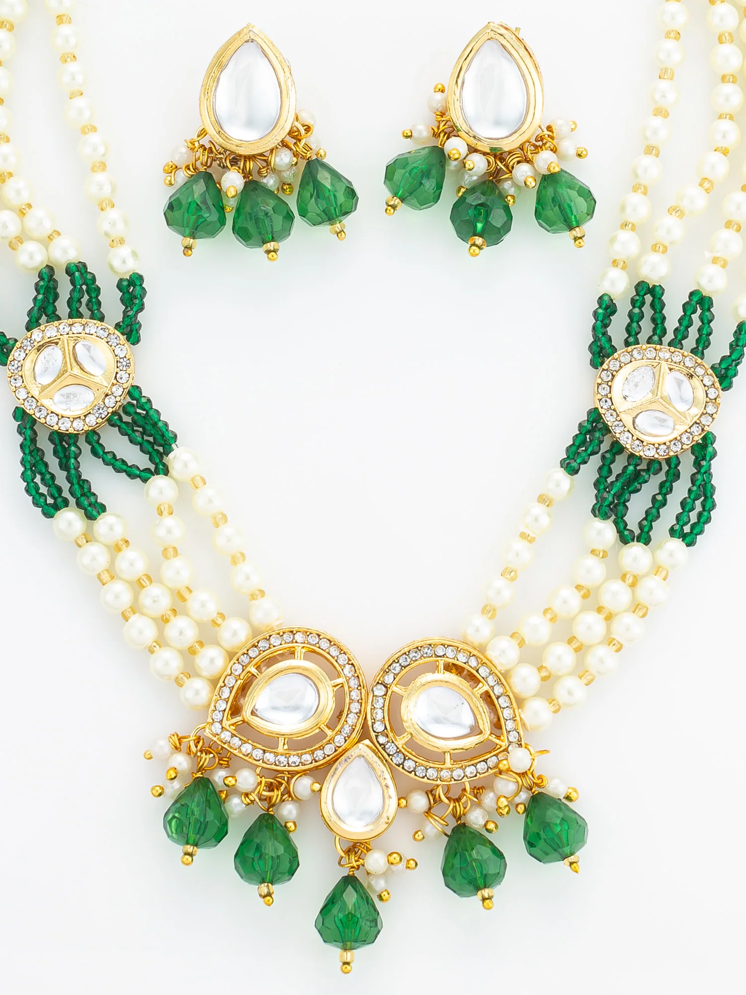 Gold Plated Green Kundan & Pearl Layered Necklace Set - Image 4