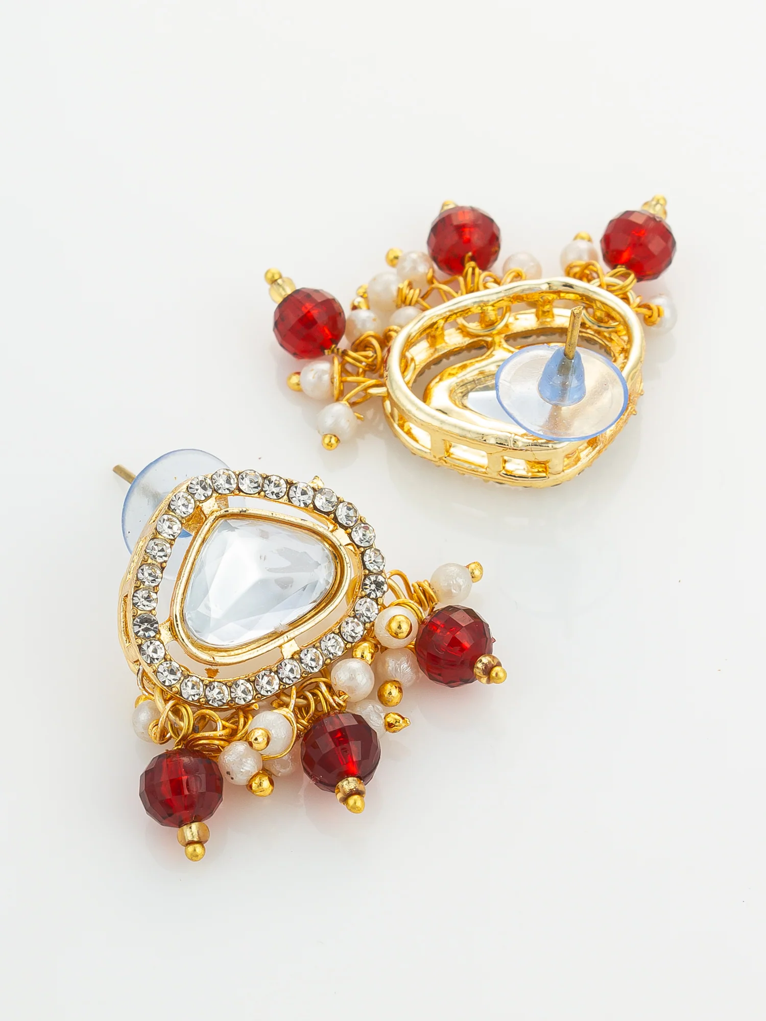 Gold Plated Kundan and Pearl Long Necklace Set with Red Accents - Image 3