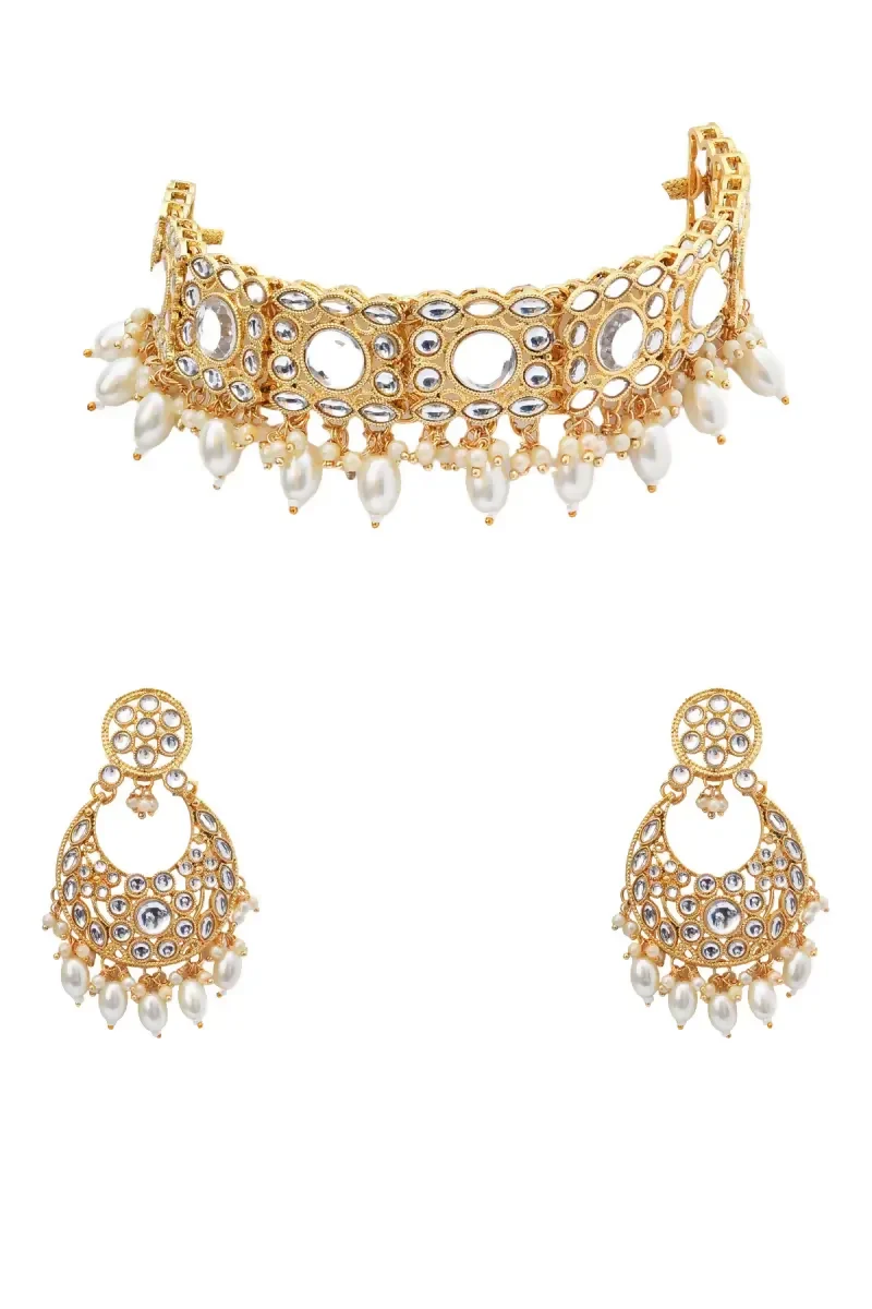Gold Plated Kundan Pearl Choker Set for Women - Image 4