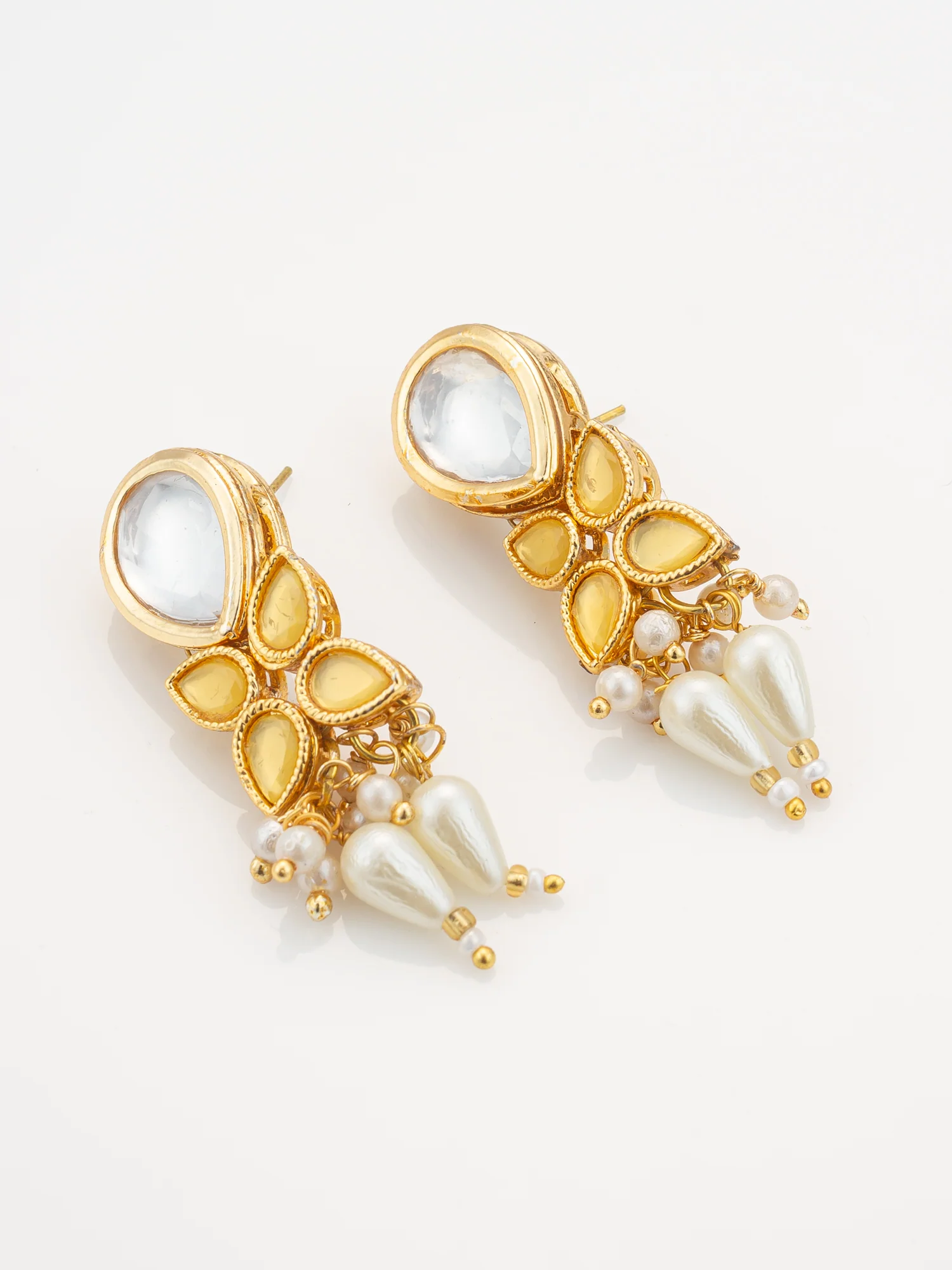 Gold Plated Kundan & Pearl Layered White Necklace Set with Earrings - Image 2