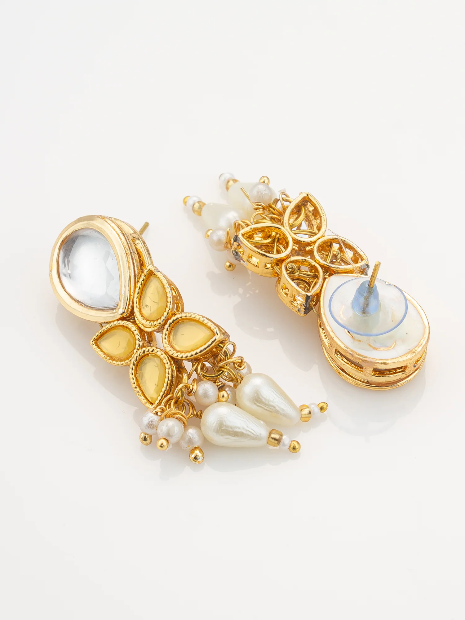 Gold Plated Kundan & Pearl Layered White Necklace Set with Earrings - Image 3