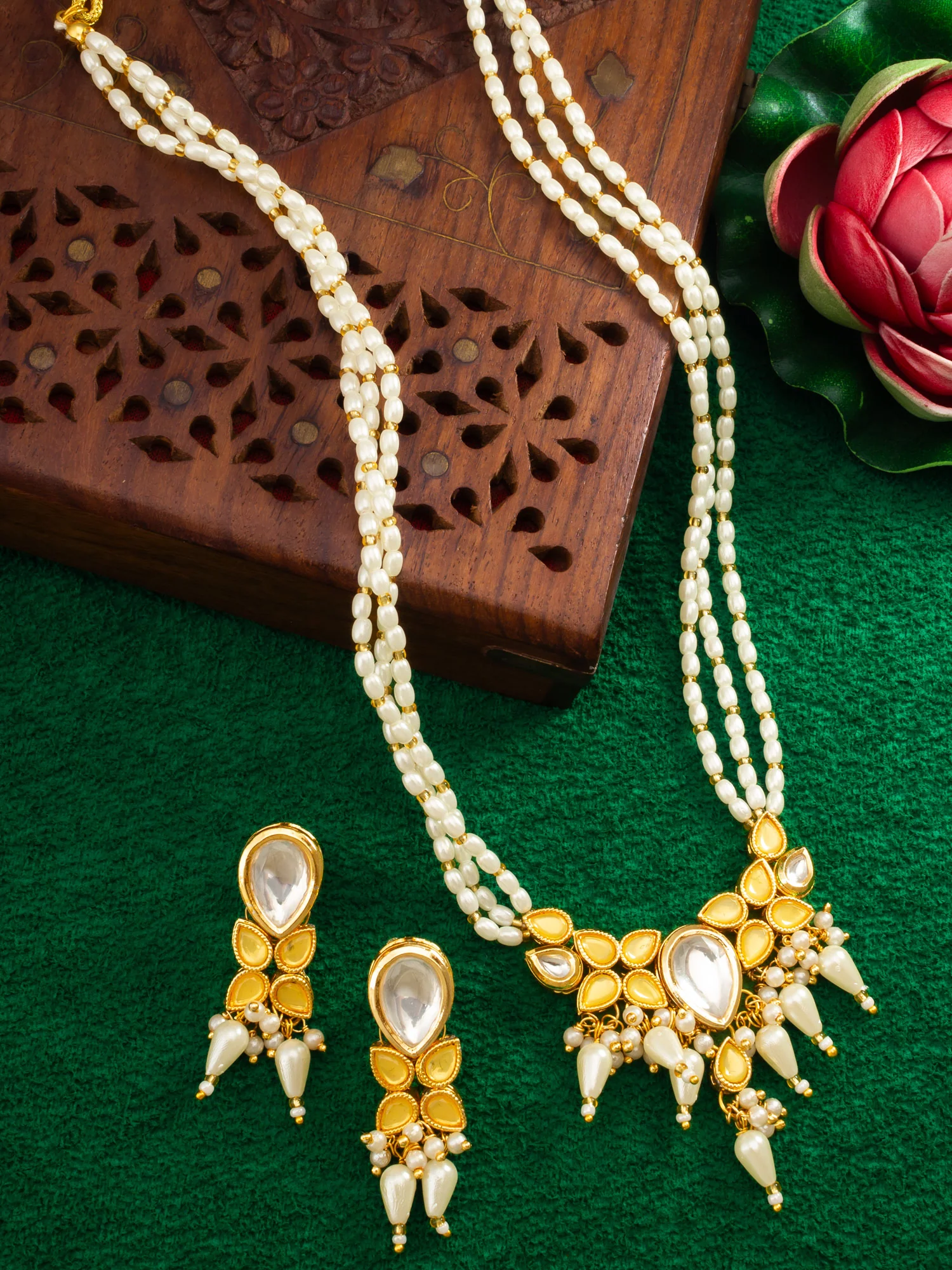 Gold Plated Kundan & Pearl Layered White Necklace Set with Earrings - Image 5