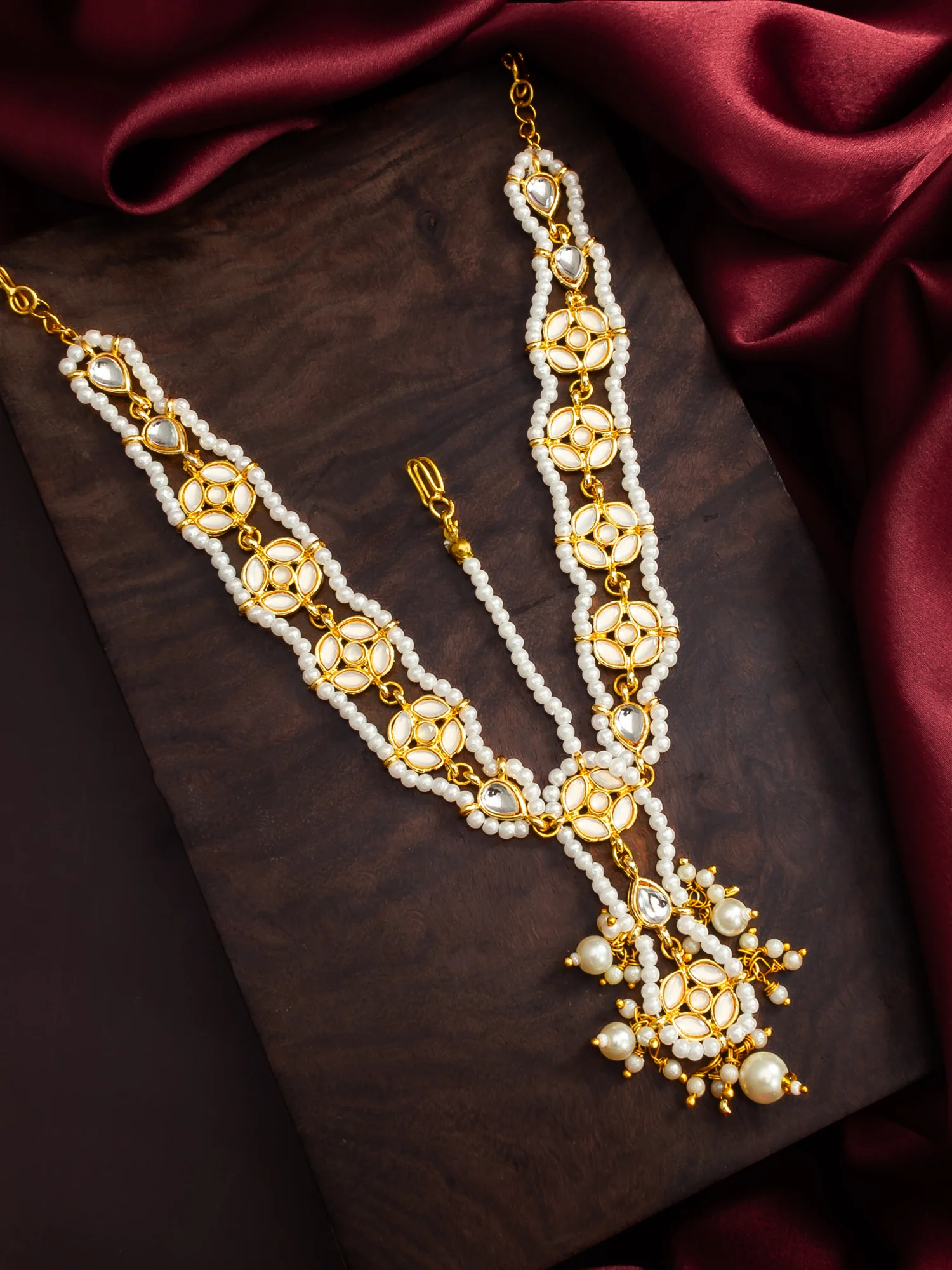 Gold Plated Kundan Pearl Matha Patti with Maang Tikka for Women - Image 5