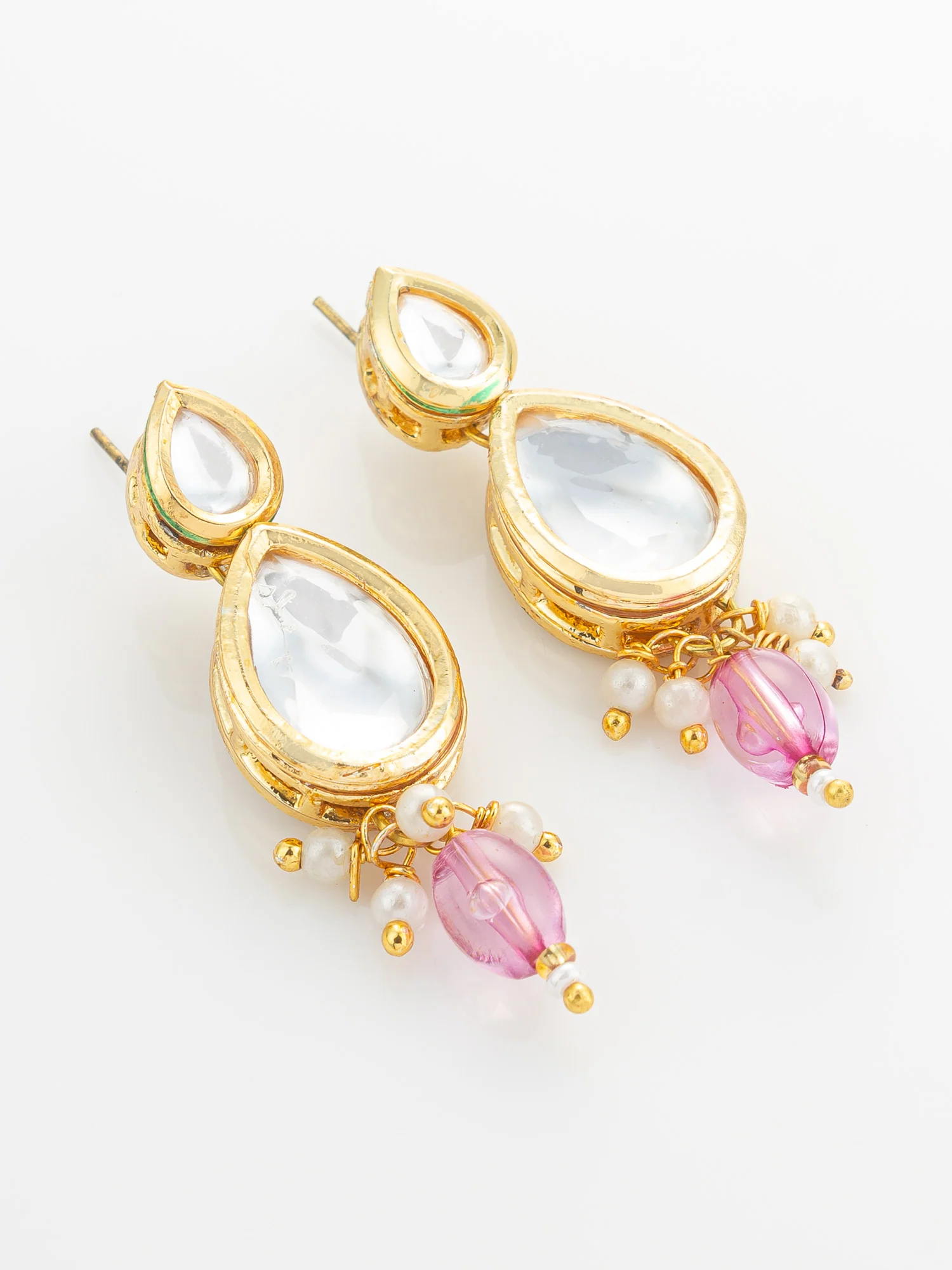 Gold Plated Kundan & Pink Crystal Drop Necklace Set - Image 2