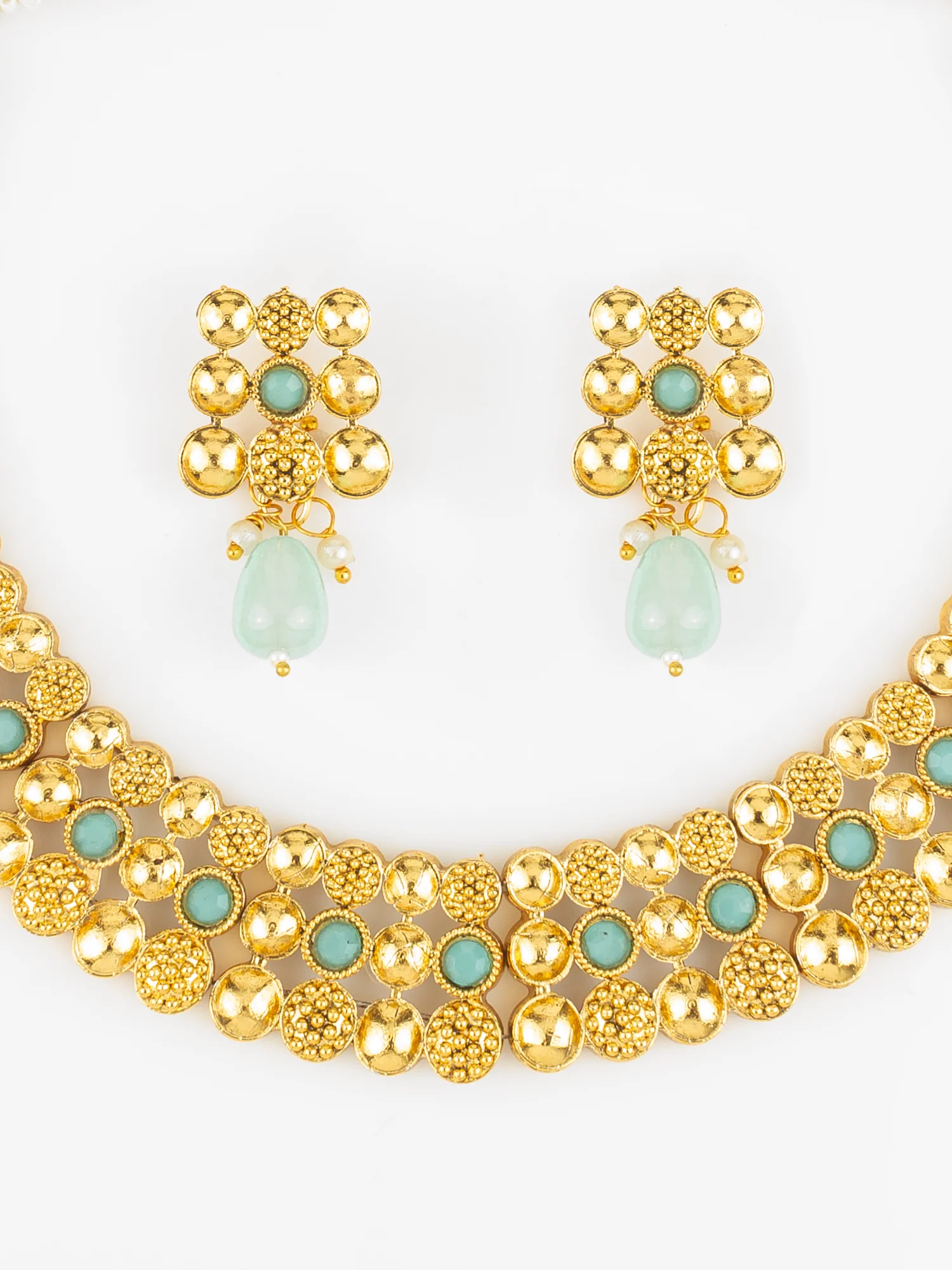 Gold Plated Mint Green Beaded Statement Necklace Set for Women - Image 4