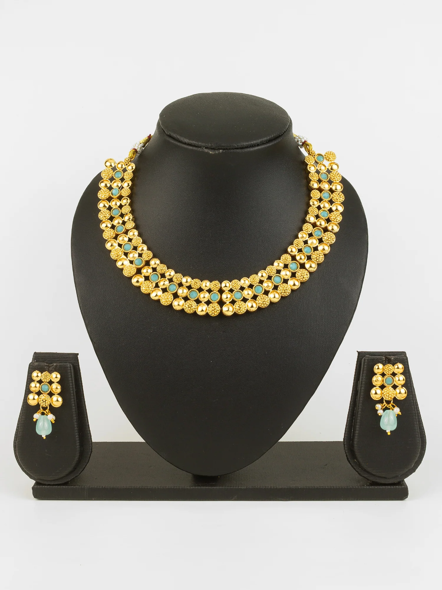 Gold Plated Mint Green Beaded Statement Necklace Set for Women - Image 5