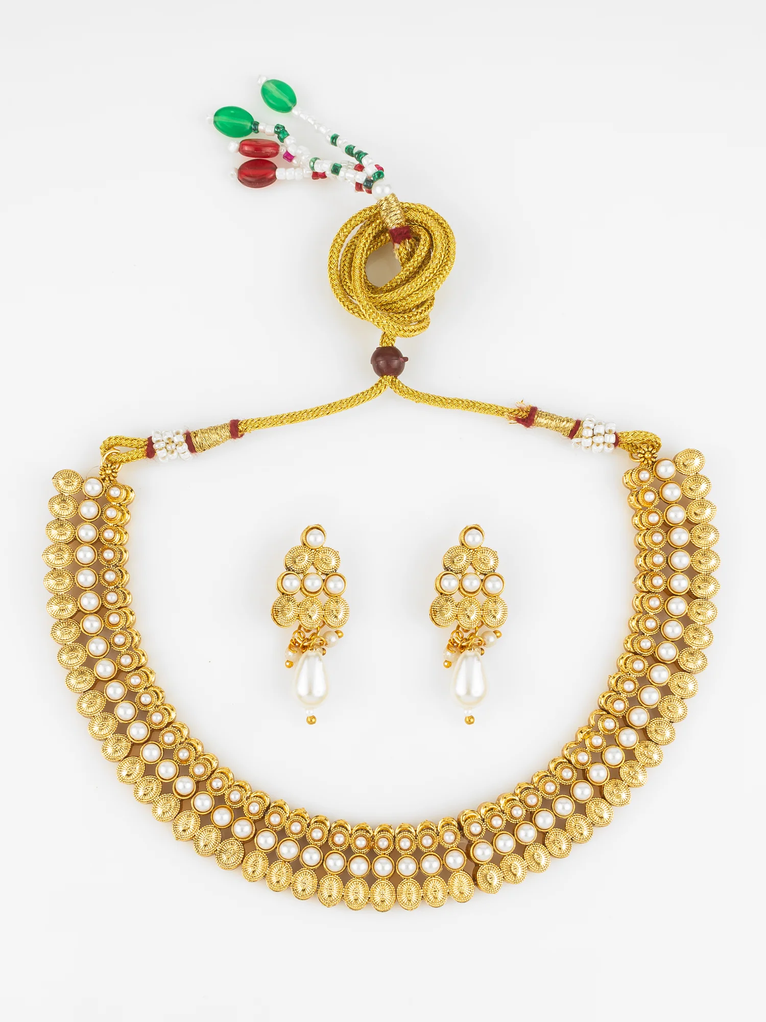 Gold Plated Pearl Beaded Traditional Necklace Set with Drop Earrings
