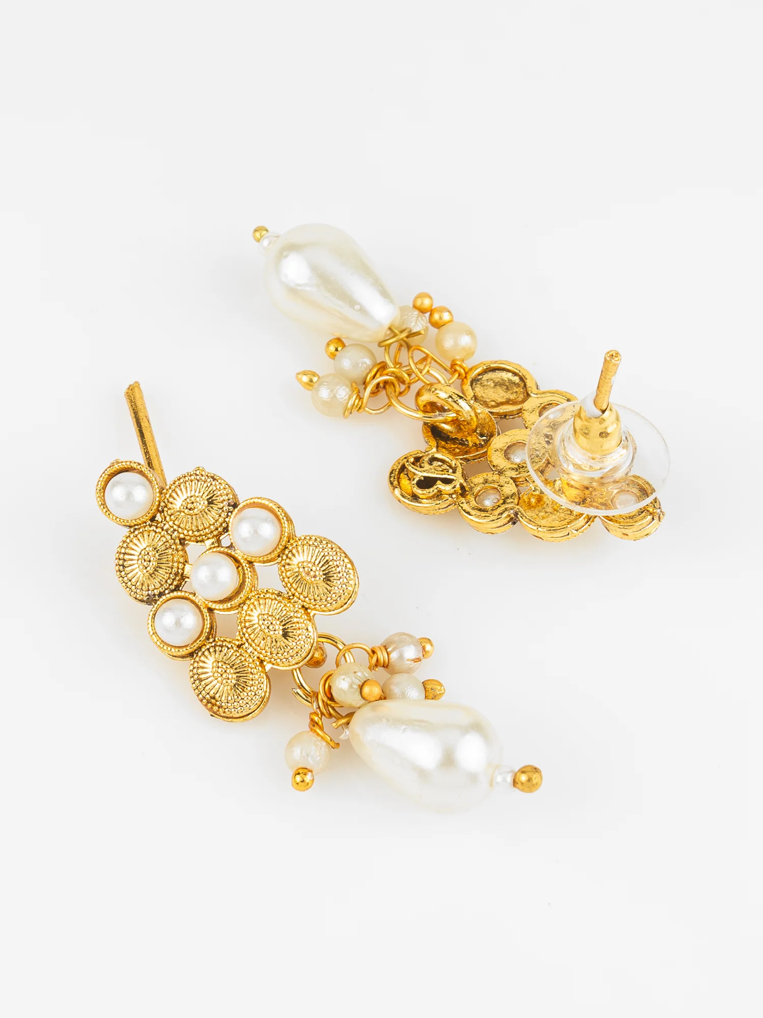 Gold Plated Pearl Beaded Traditional Necklace Set with Drop Earrings - Image 3