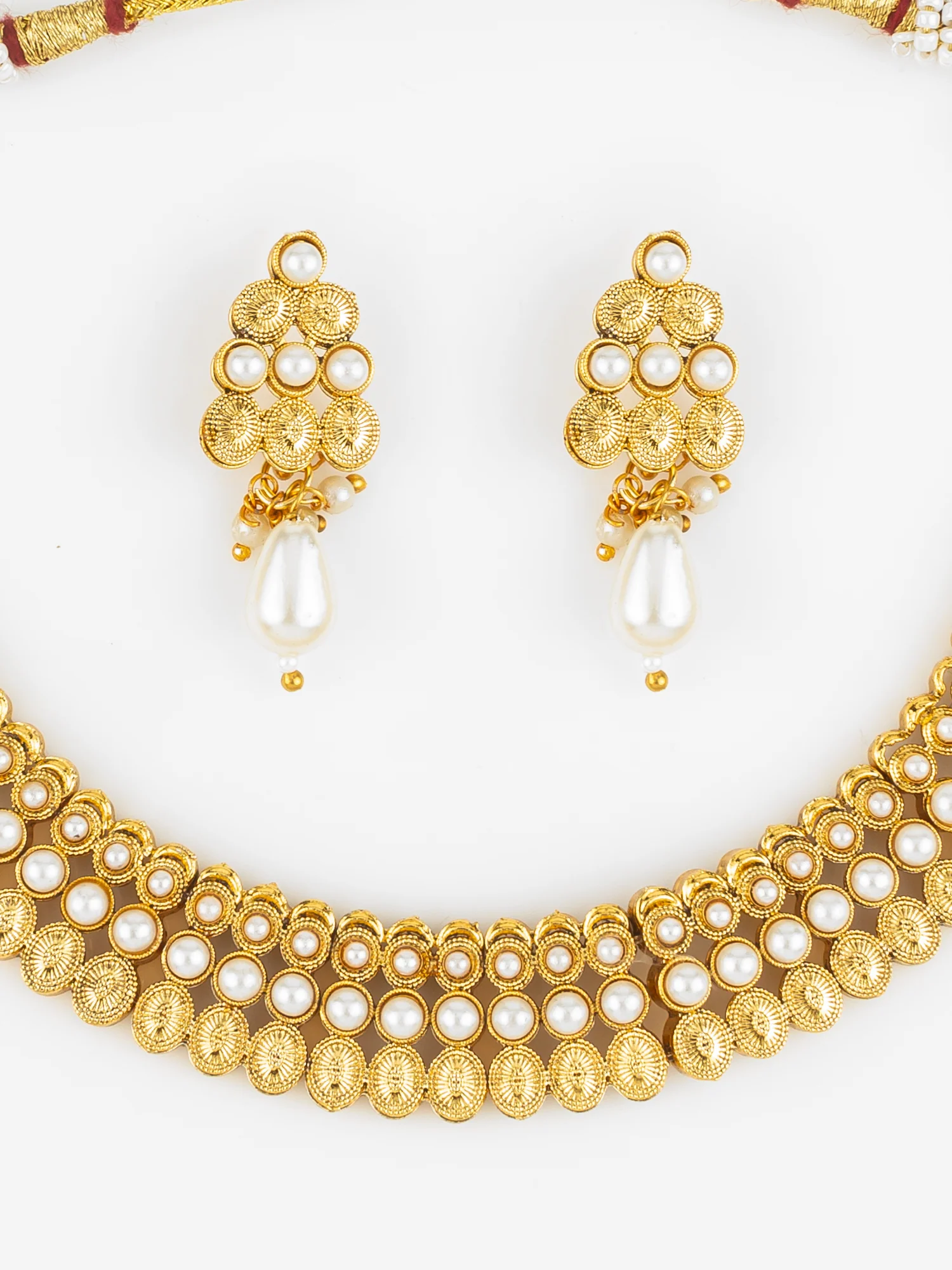 Gold Plated Pearl Beaded Traditional Necklace Set with Drop Earrings - Image 4