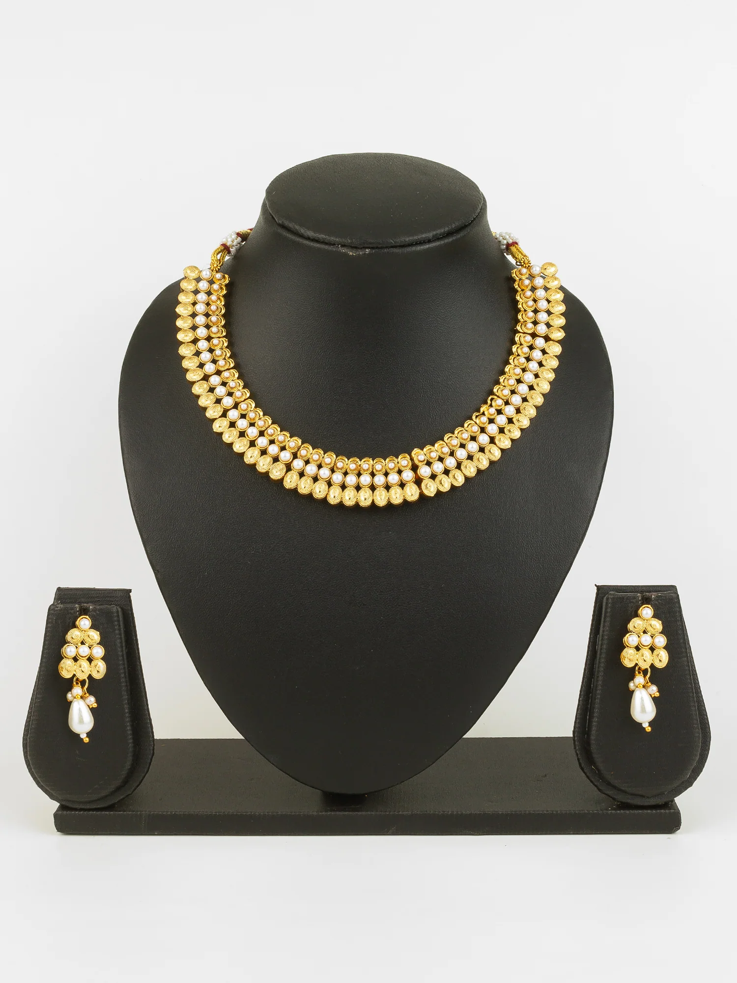 Gold Plated Pearl Beaded Traditional Necklace Set with Drop Earrings - Image 5
