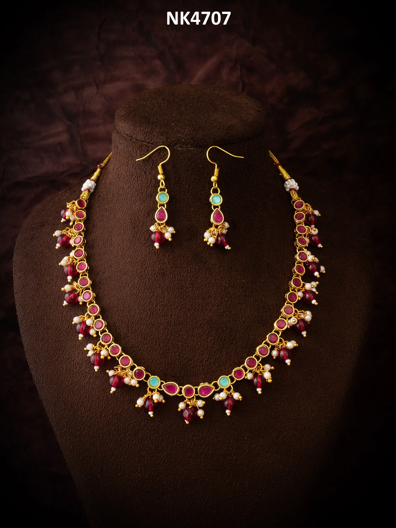 Gold-Plated Red Beaded Kundan Choker Necklace Set for Women & Girls - Image 5