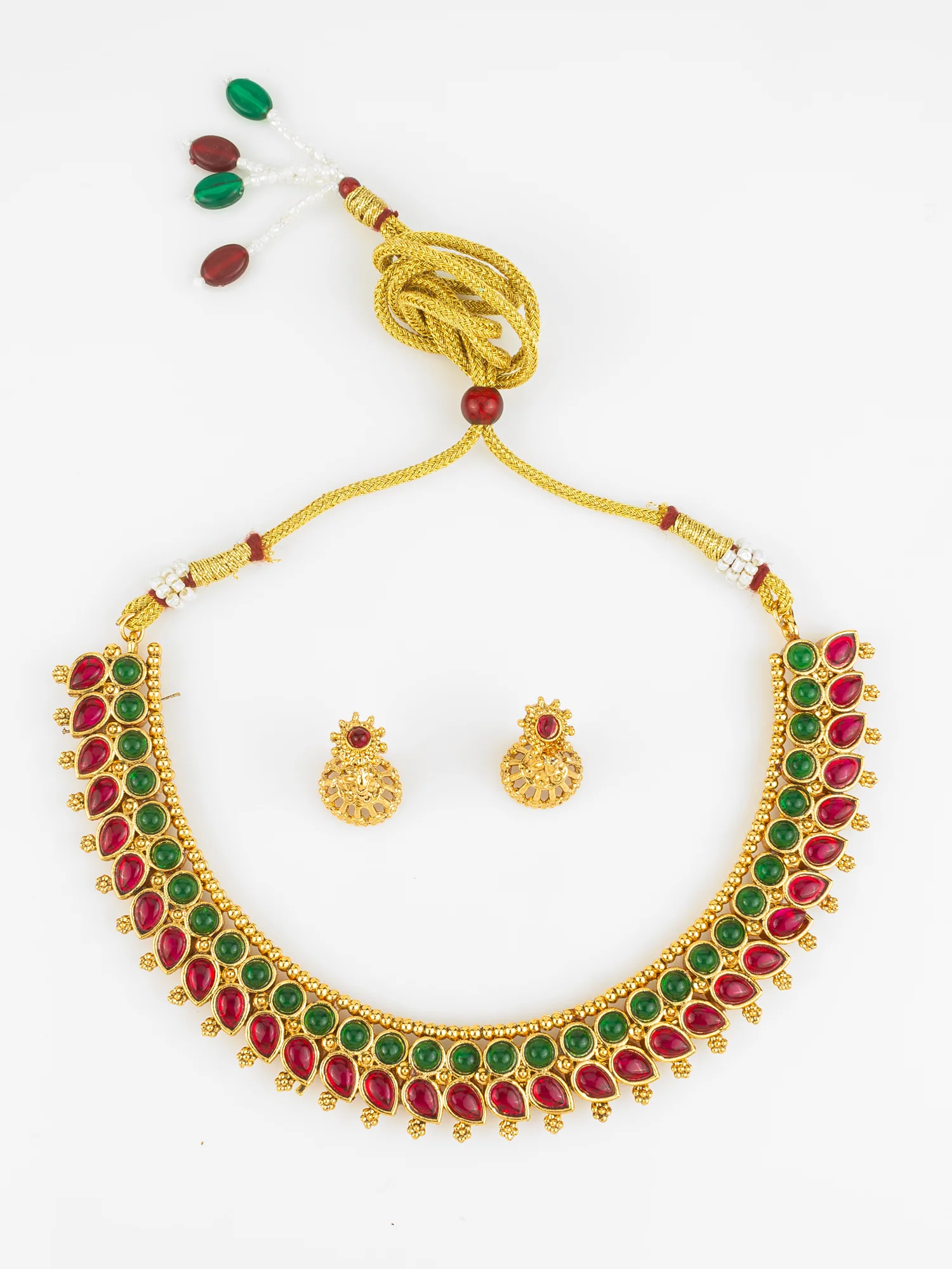 Gold Plated Red & Green Traditional Round and Teardrop Stone Necklace Set