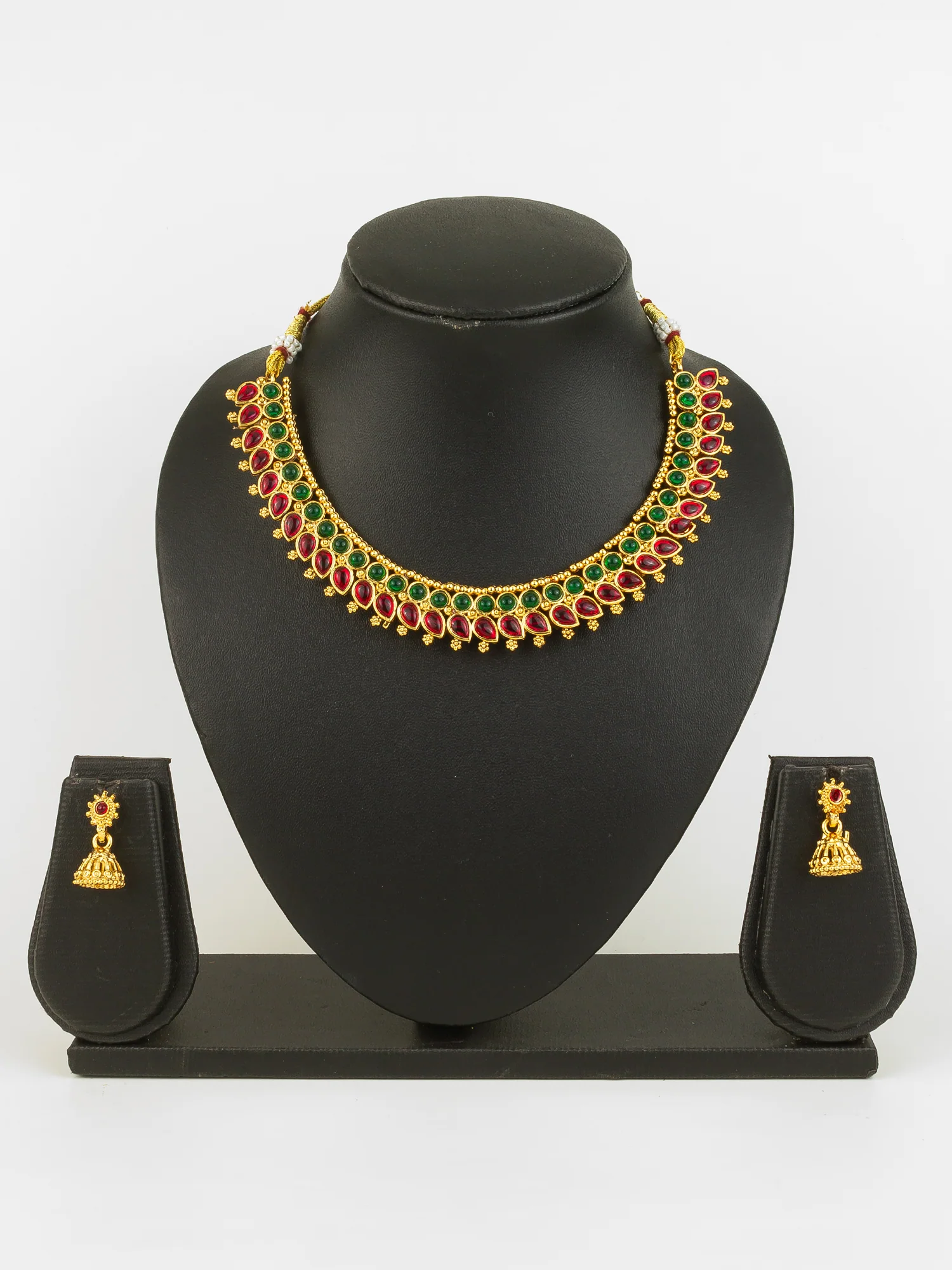Gold Plated Red & Green Traditional Round and Teardrop Stone Necklace Set - Image 5