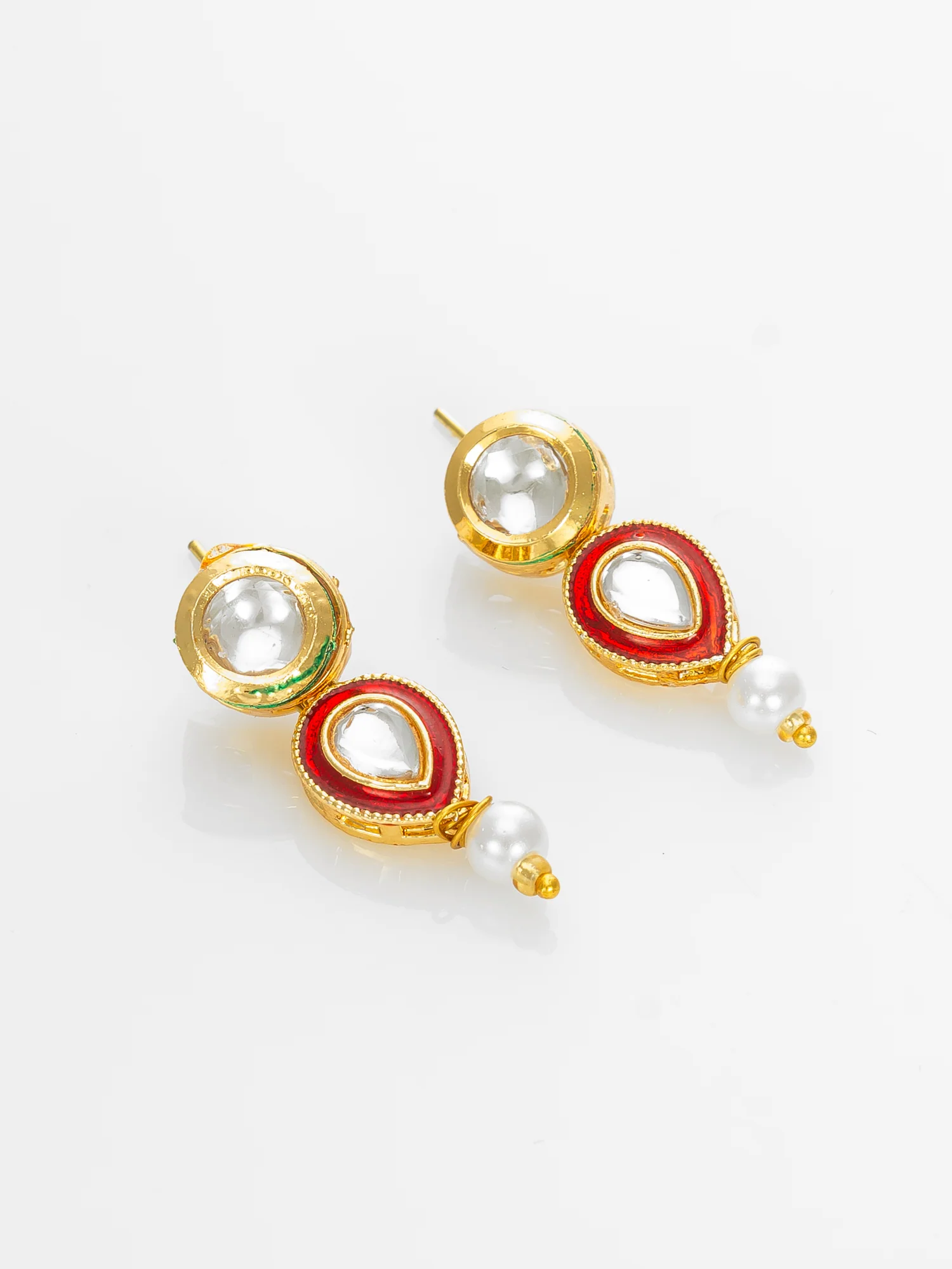 Gold Plated Red & White Pearl Beaded Kundan Necklace Set for Women - Image 2