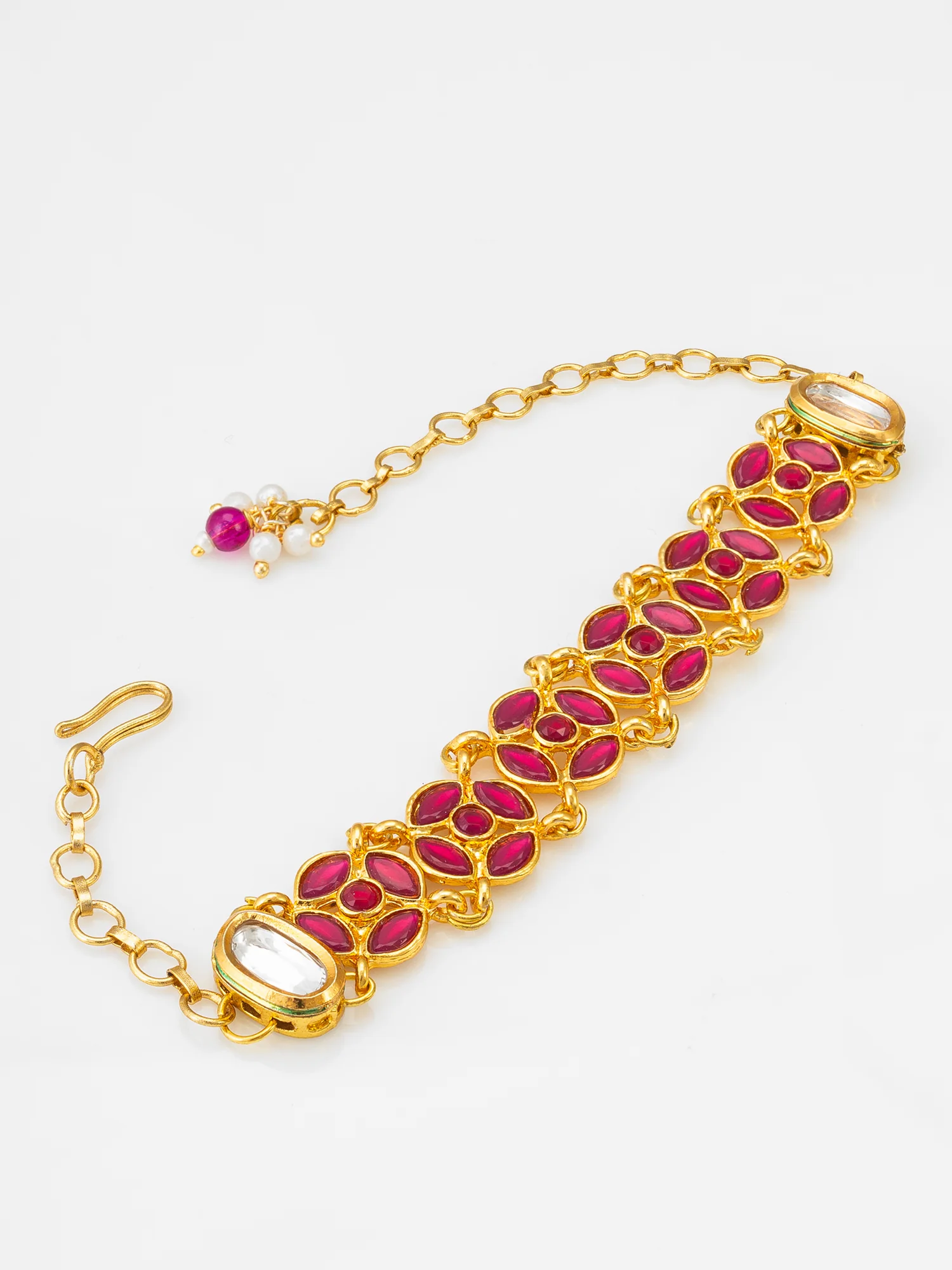 Gold-Plated Ruby Red Kundan Bracelet with Stone