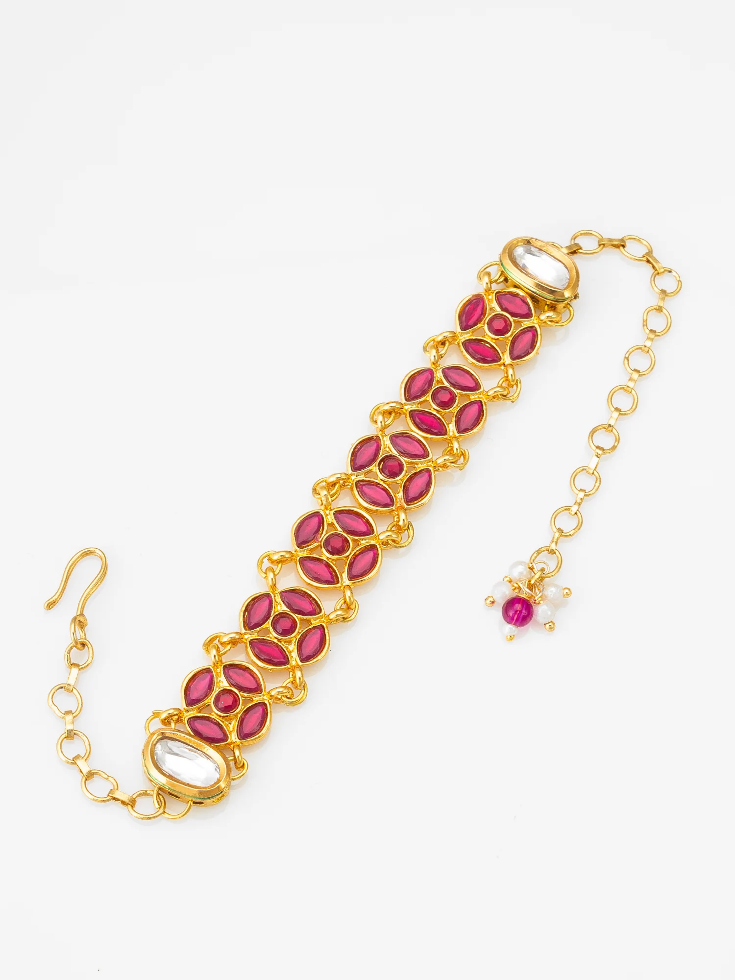 Gold-Plated Ruby Red Kundan Bracelet with Stone - Image 3