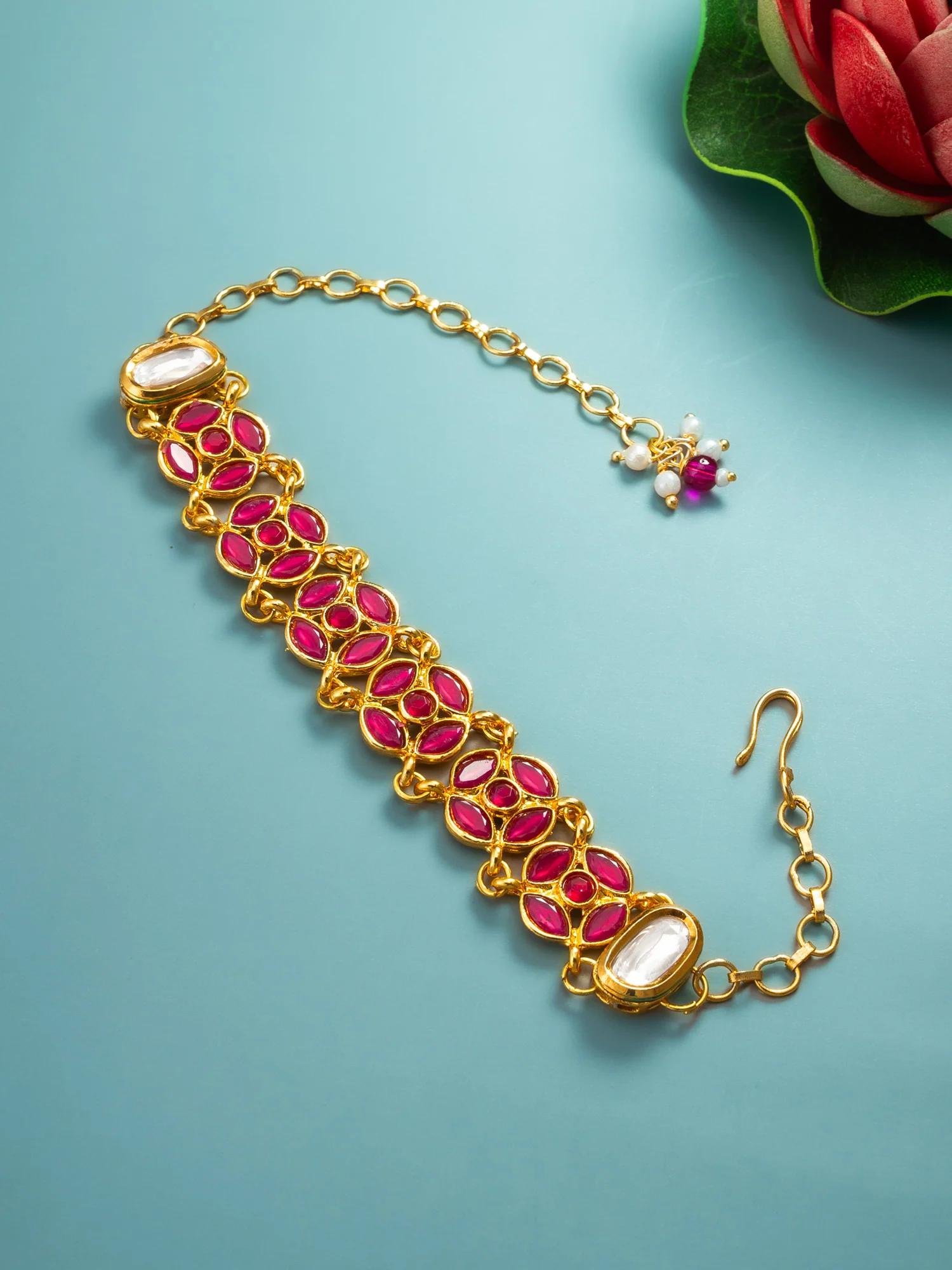Gold-Plated Ruby Red Kundan Bracelet with Stone - Image 5