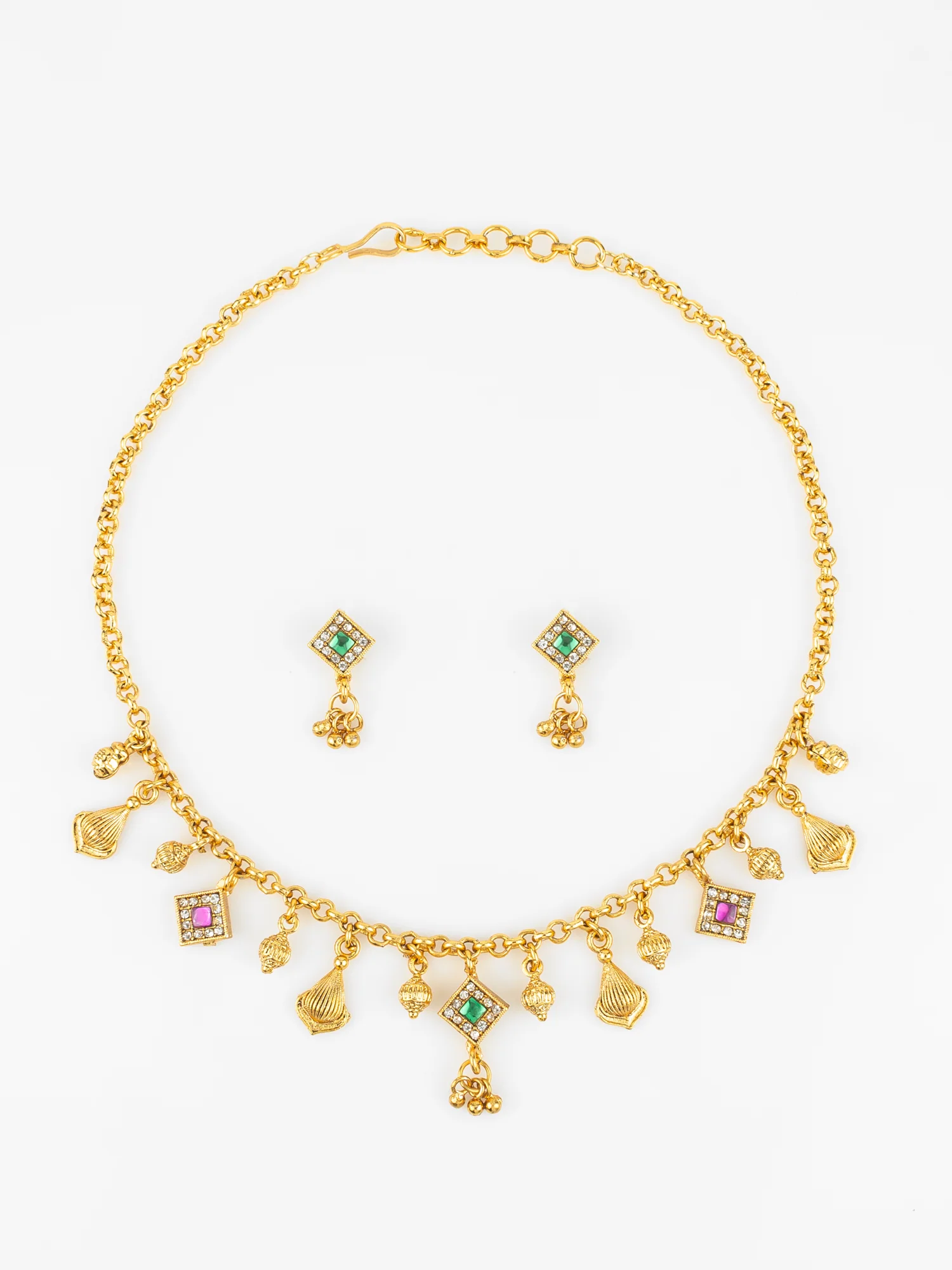 Gold-Plated Square Stone Necklace Set for Women | Green & Pink Traditional Pendant Jewellery with Earrings | Festive & Bridal Wear