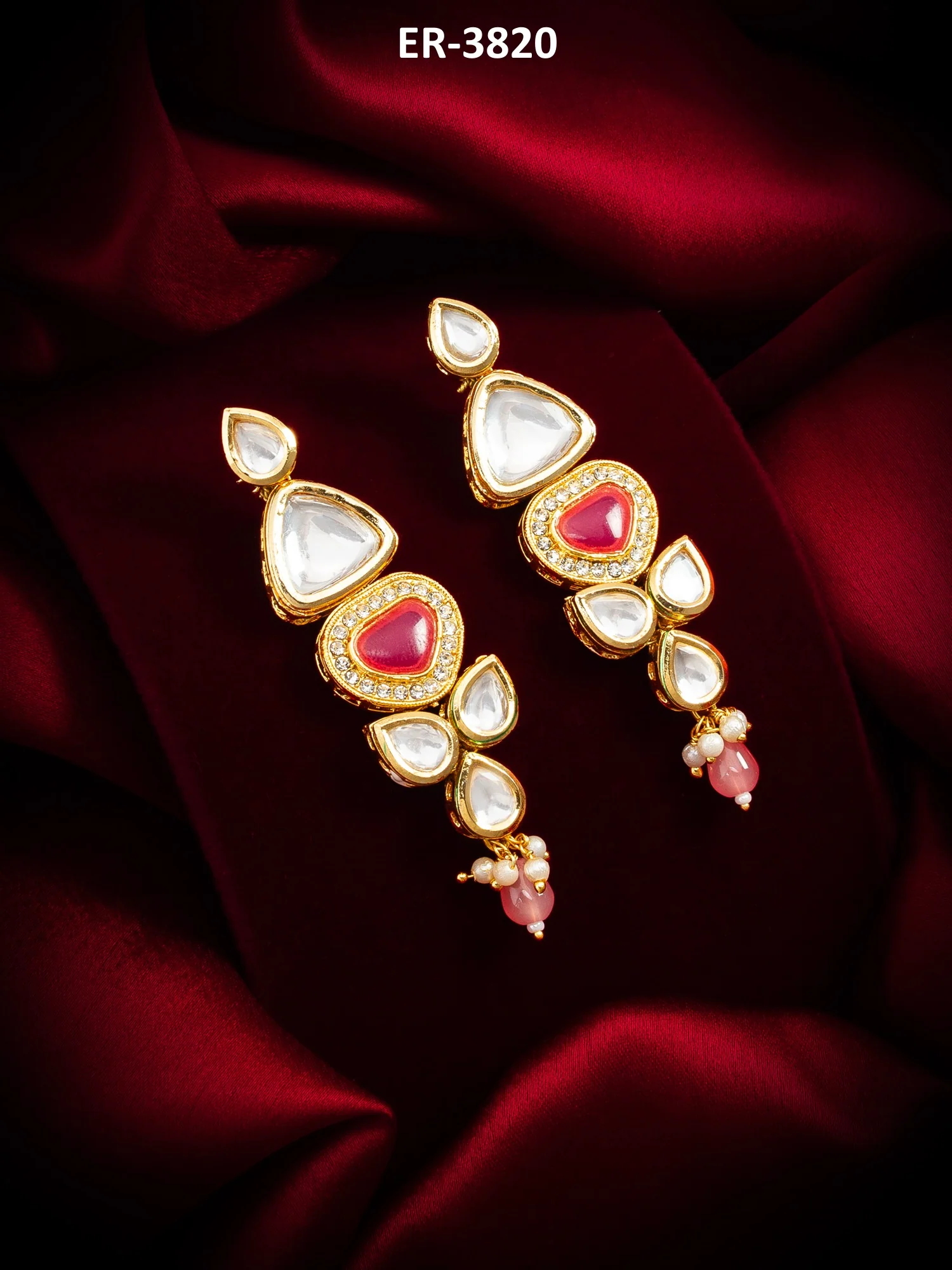 Gold-Plated Stone Long Drop Earrings with Pearl and Bead - Image 5