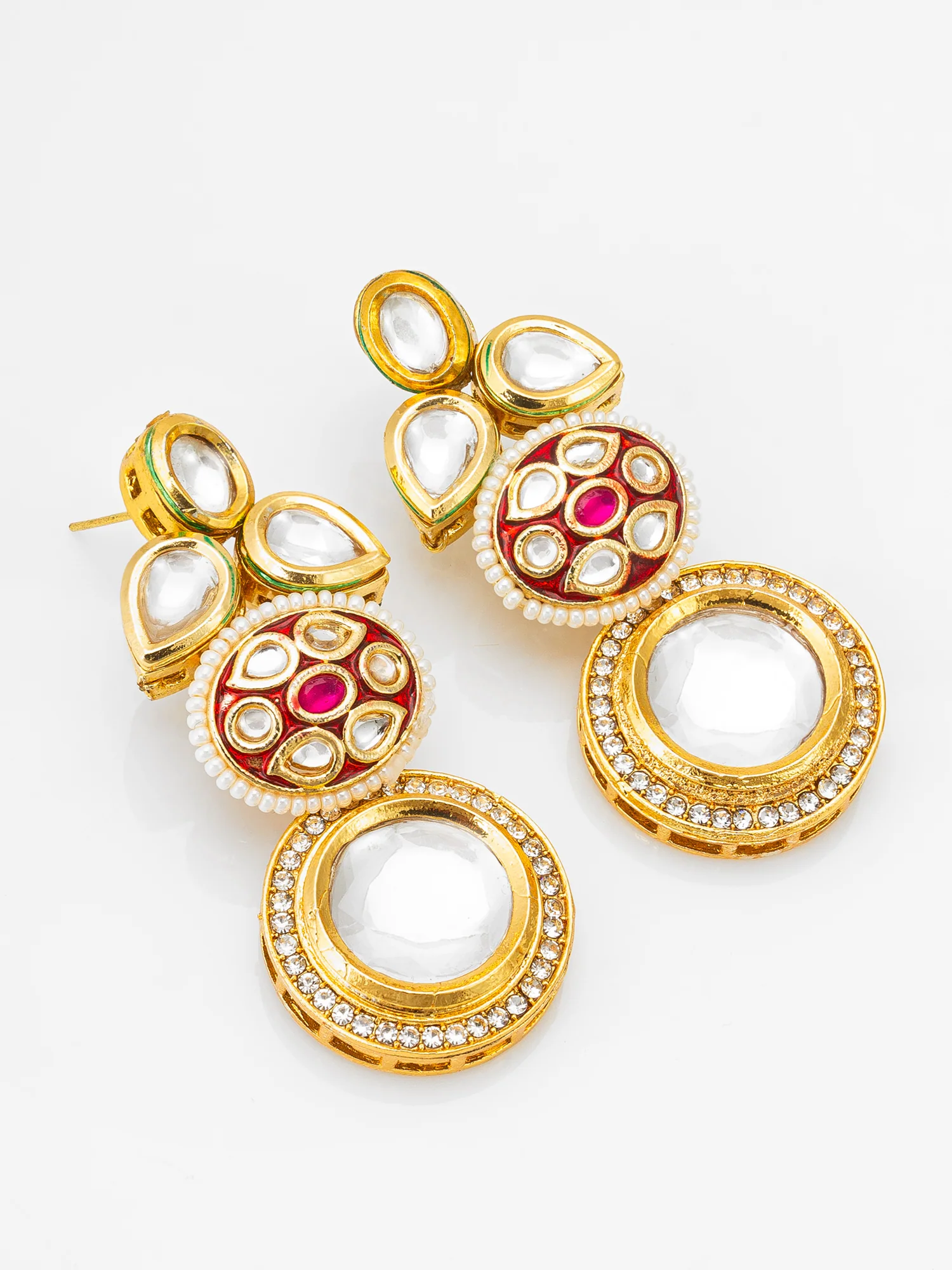 Gold-Plated Stone & Meenakari Circular Drop Earrings with Pearl