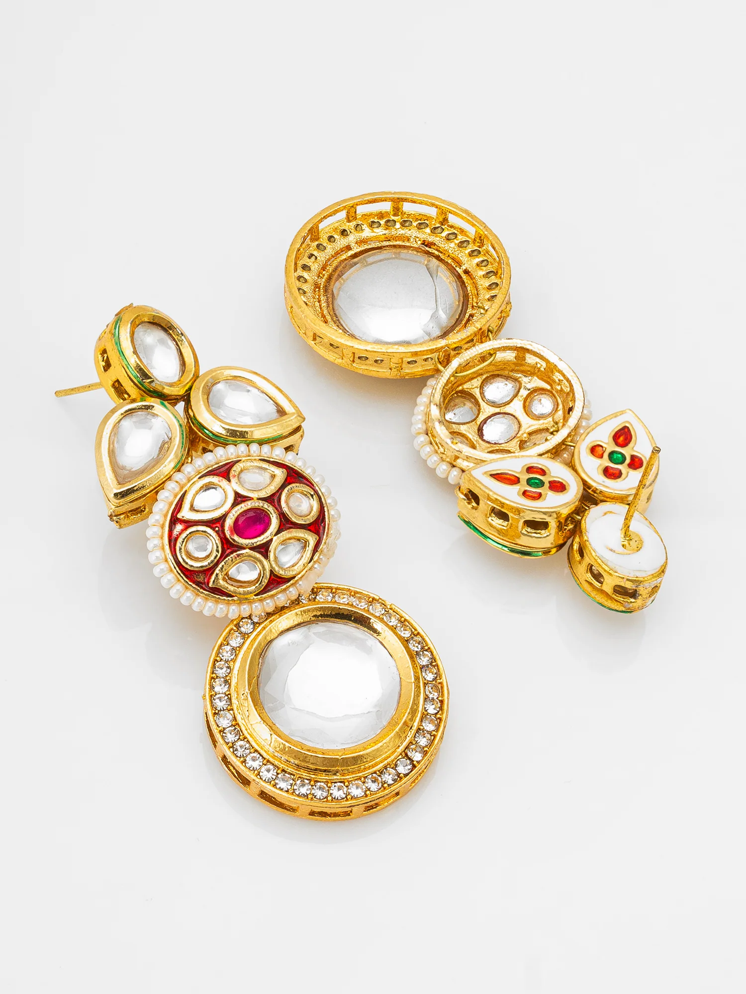 Gold-Plated Stone & Meenakari Circular Drop Earrings with Pearl - Image 2